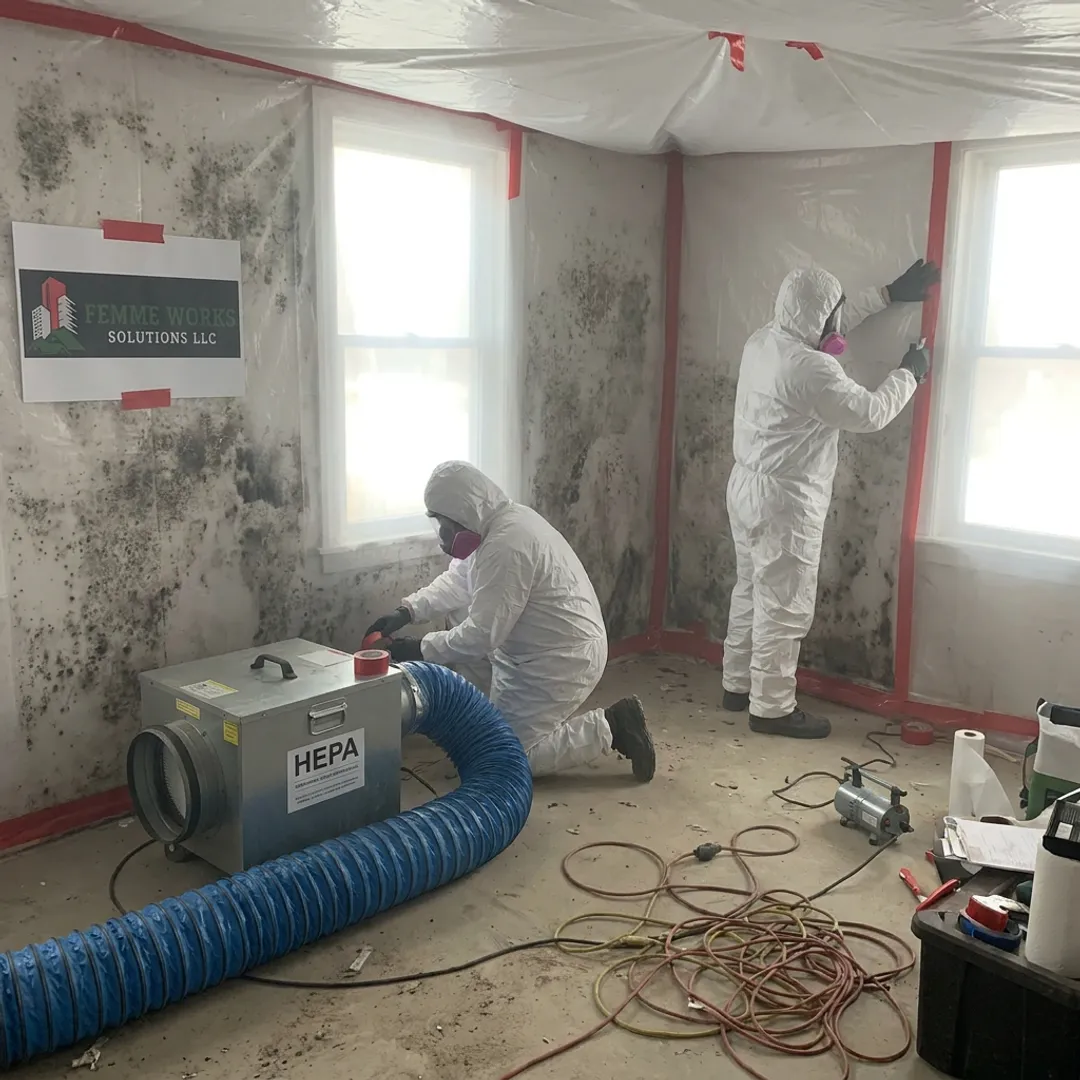 Technician setting containment for mold cleanup