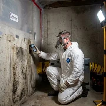 Mold remediation contractor inspecting an Arlington basement