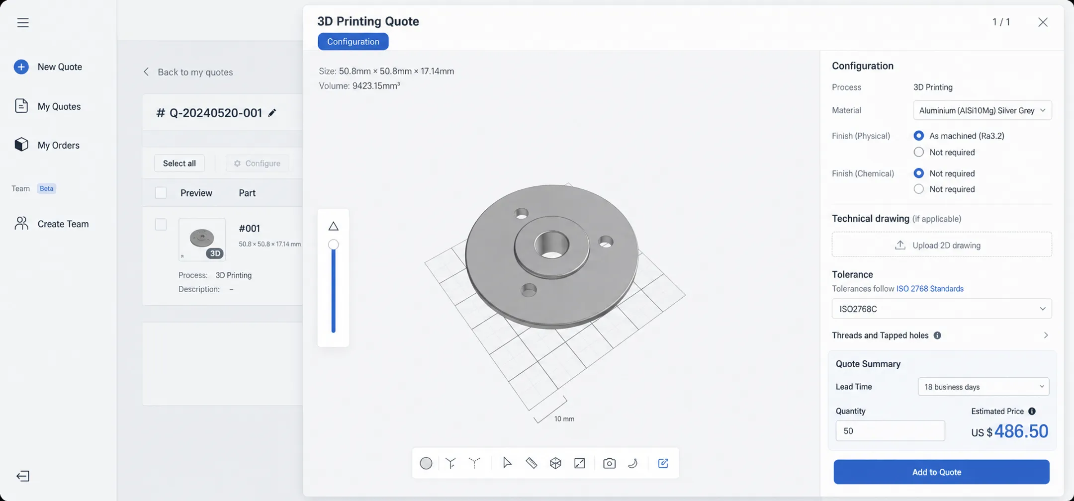 Online instant quote 3D printing platform interface displaying uploaded CAD file