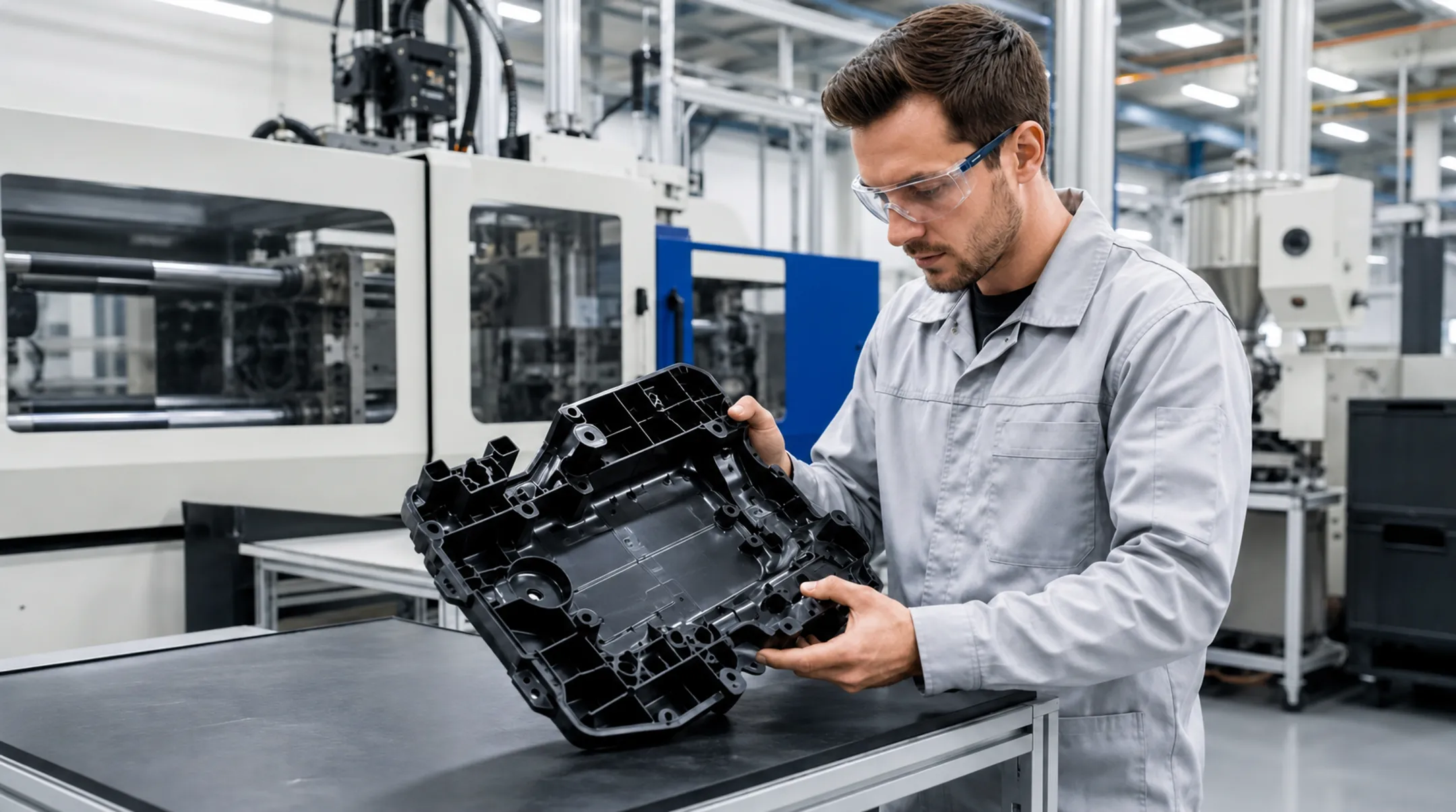 Industrial engineer inspecting injection molded prototype parts on workbench