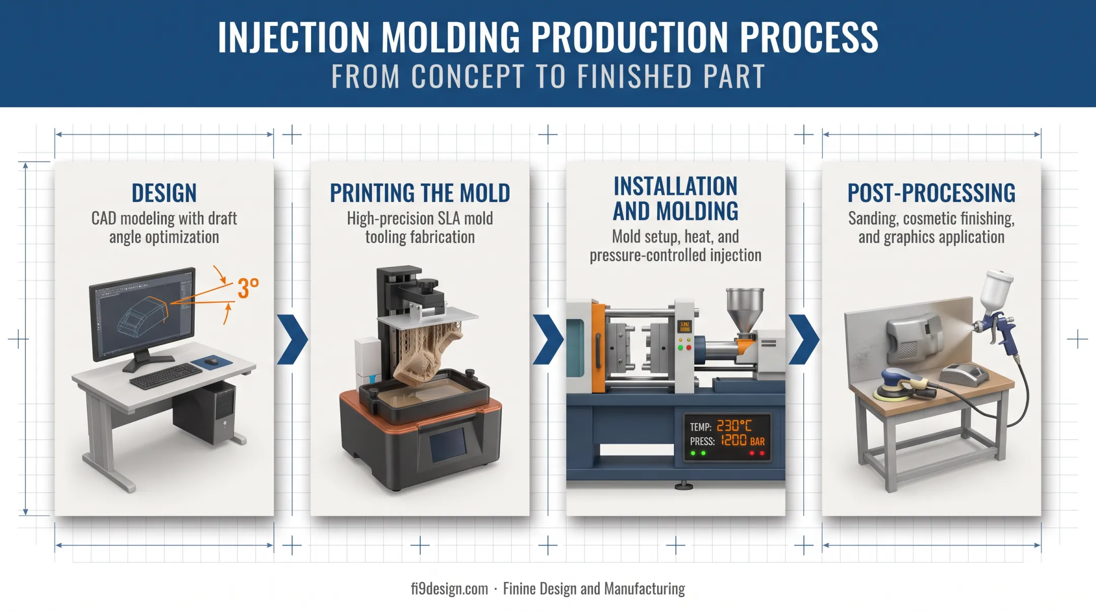 CAD to molded part 4-stage workflow process diagram