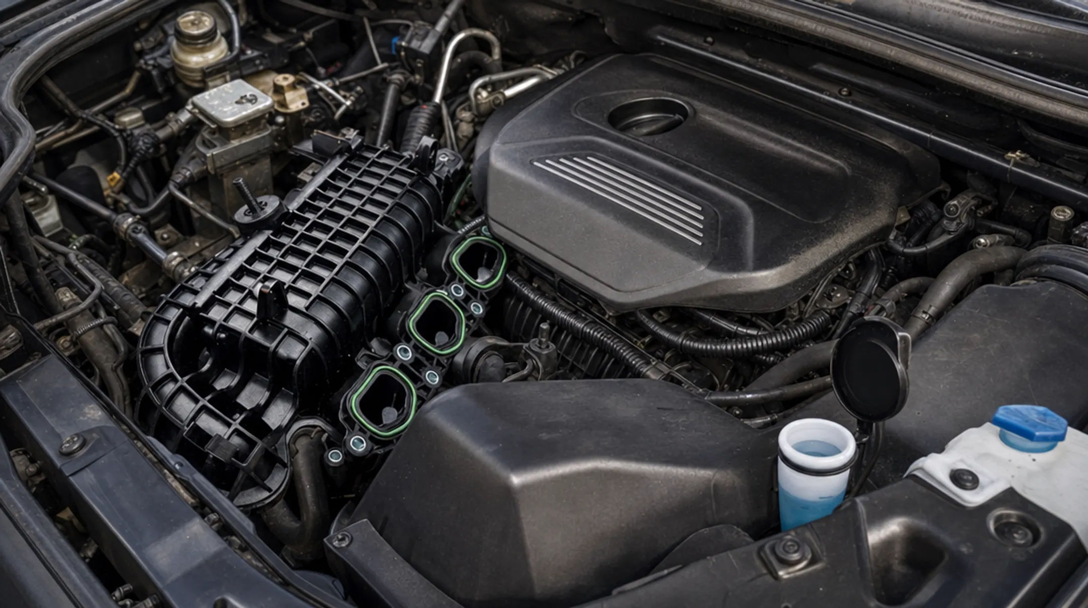 Automotive engine bay showing plastic housings and connectors under hood