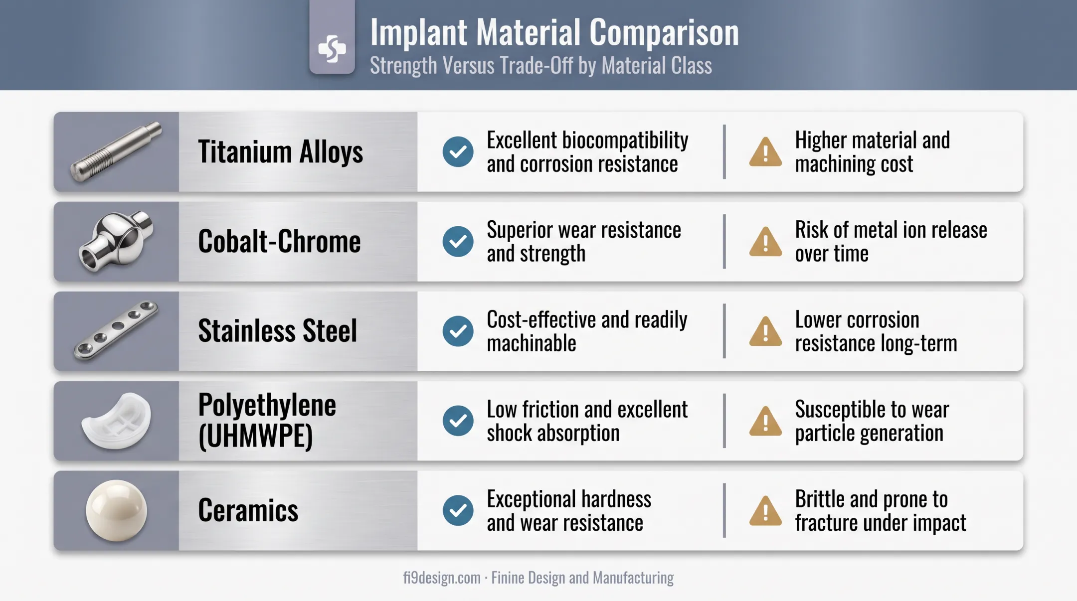 Orthopedic implant materials comparison chart showing strengths and trade-offs
