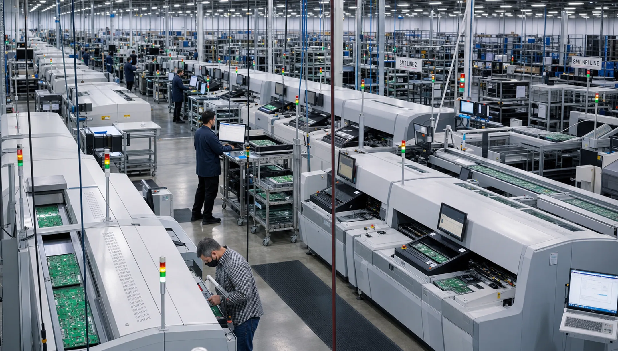 Electronics manufacturing facility with automated PCBA assembly lines
