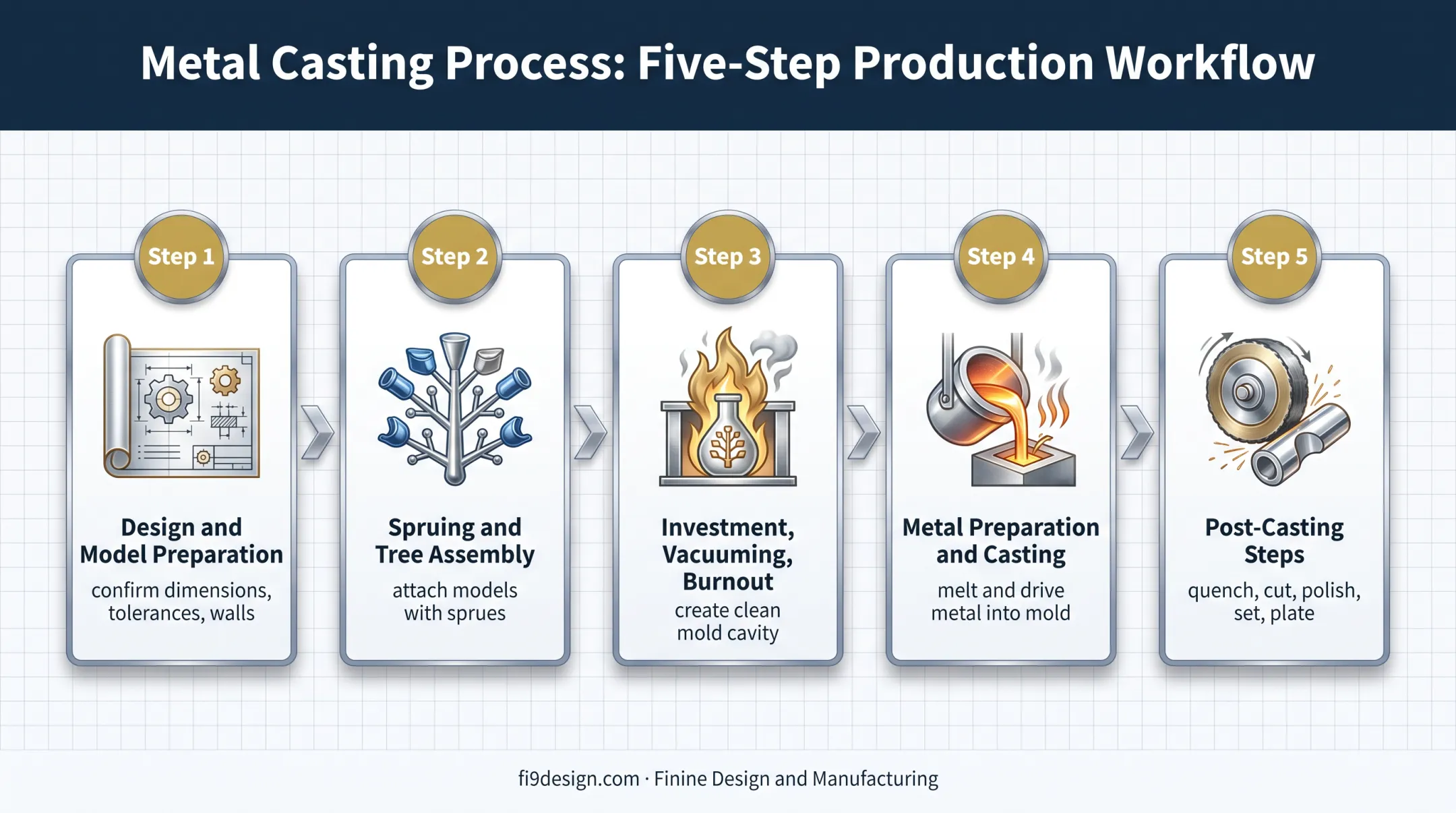 Five-stage jewelry casting process from model preparation to finishing