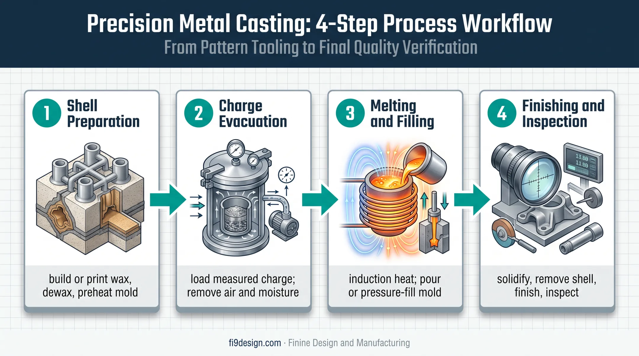 Four-stage vacuum investment casting process from charge preparation to inspection
