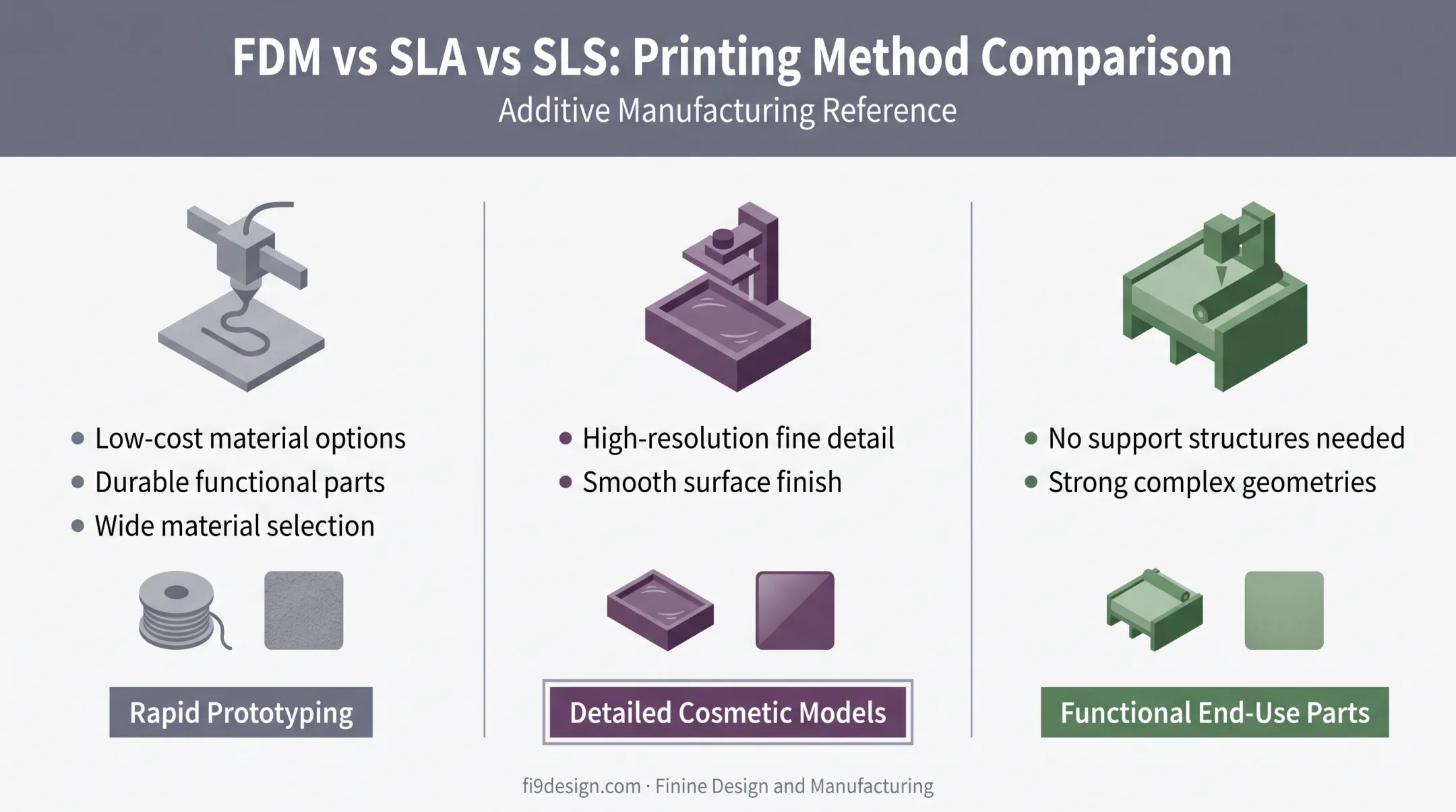 FDM SLA SLS 3D printing methods comparison chart for prototyping