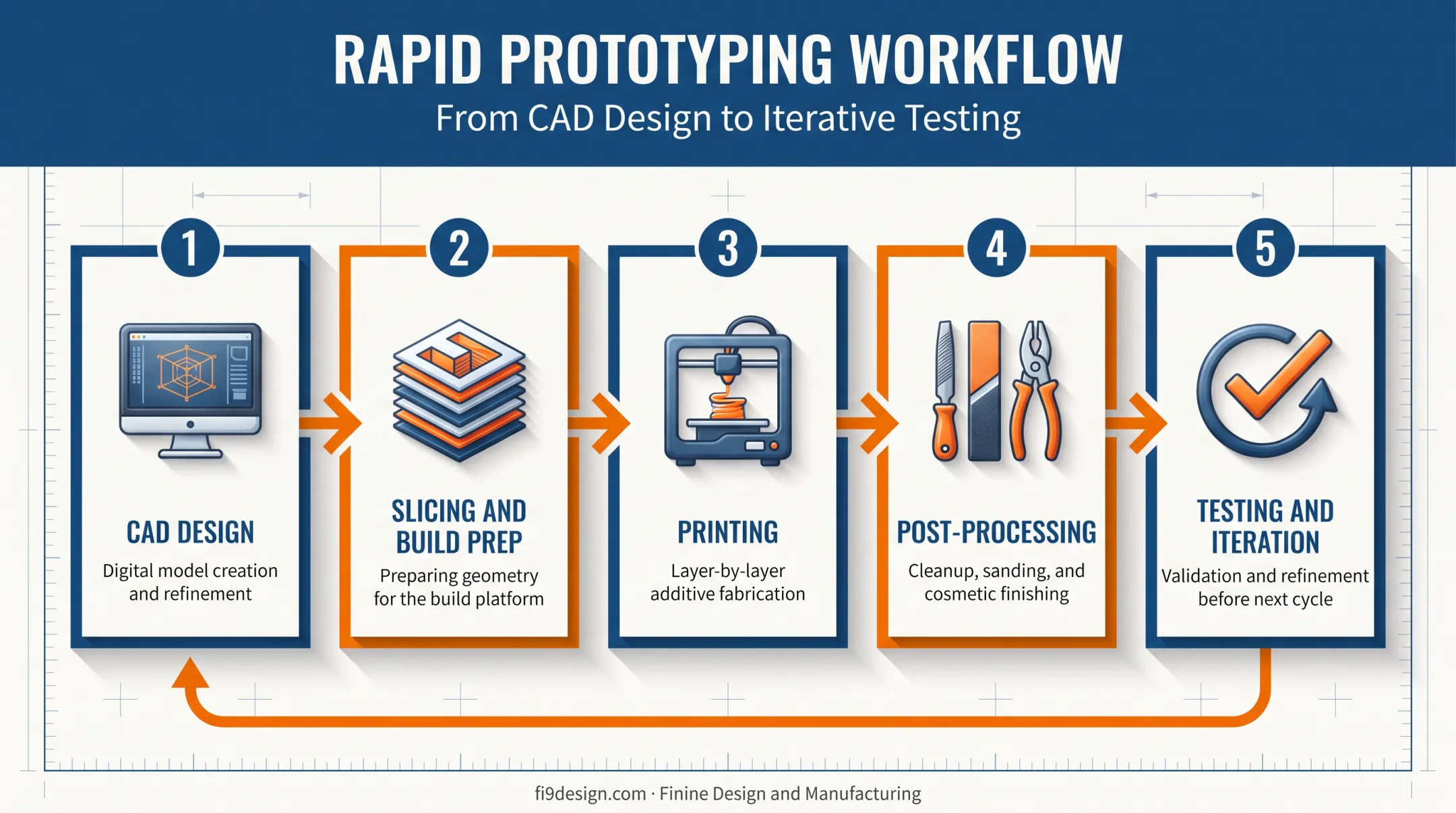 5-step rapid prototyping workflow from CAD design to iteration