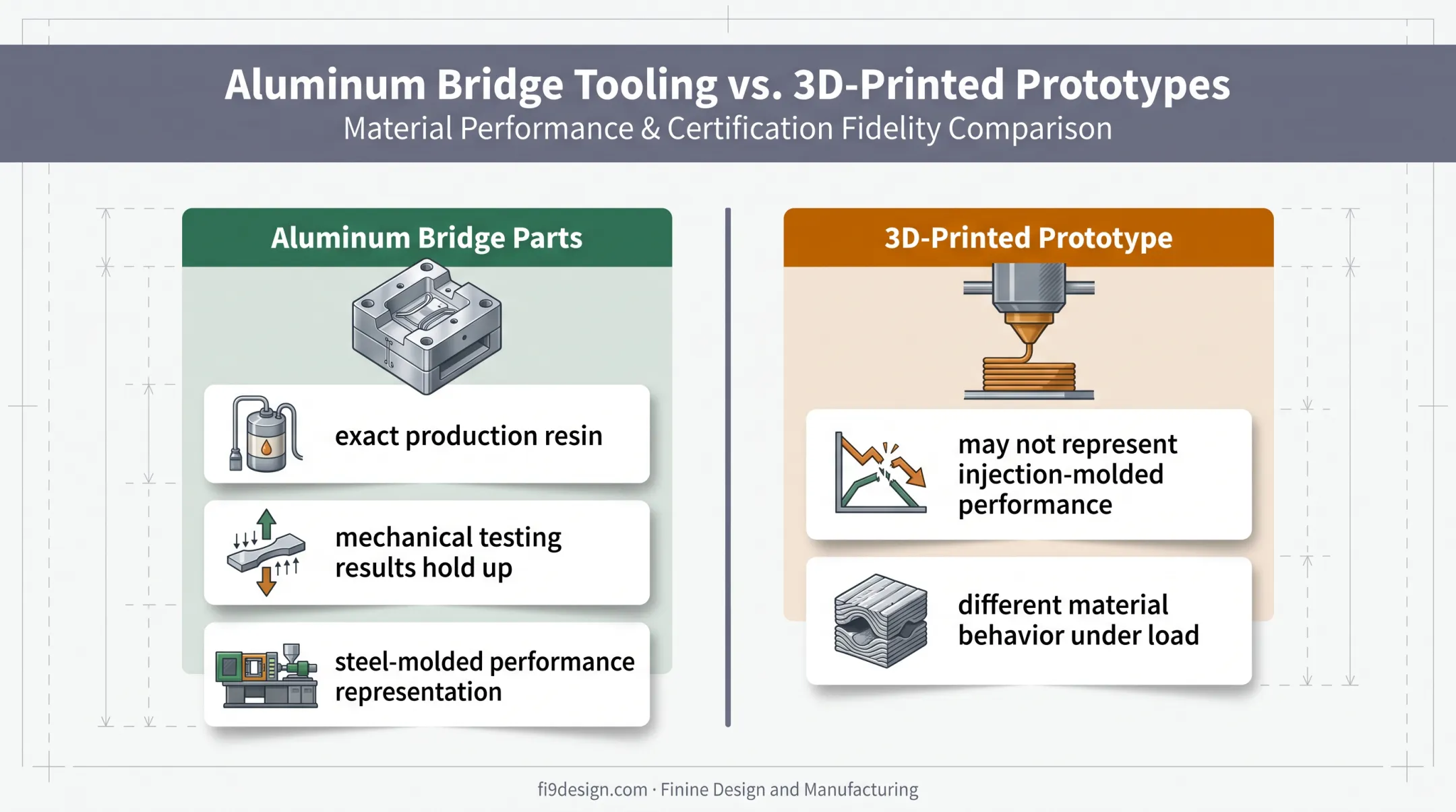 Aluminum bridge tooling versus 3D printed prototype material fidelity comparison