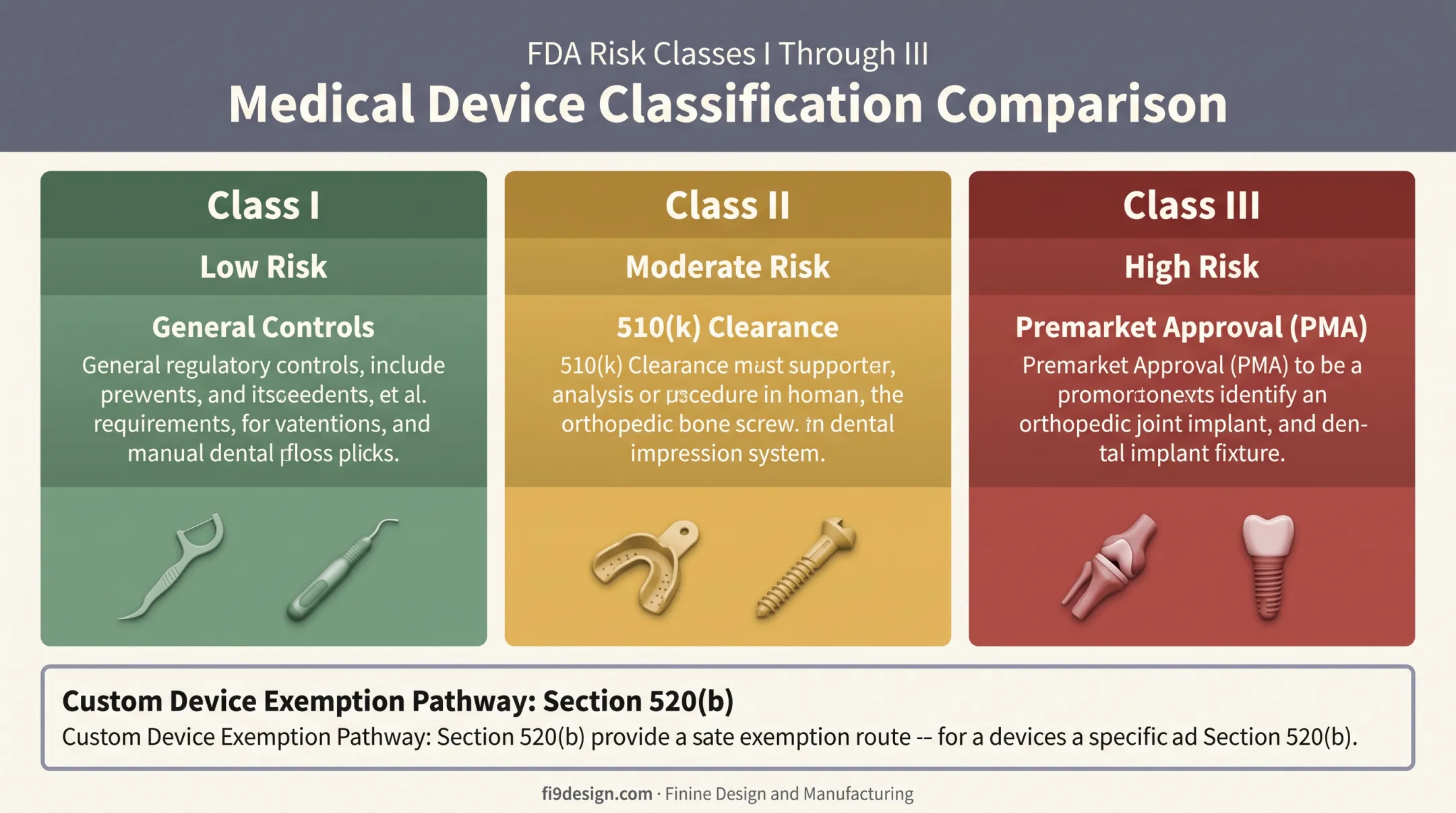 FDA medical device classification chart comparing Class I II III requirements