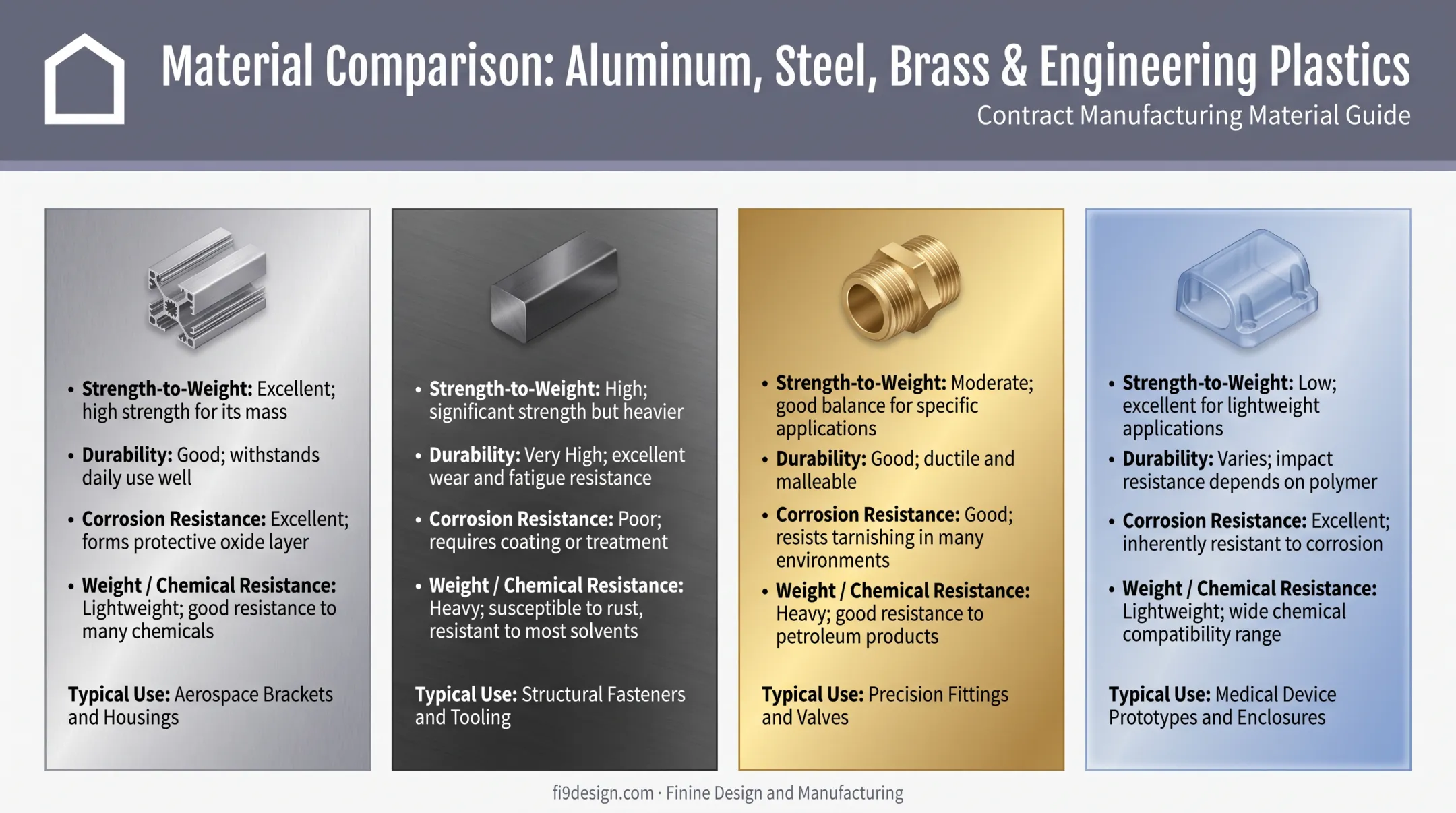 Comparison of aluminum steel brass and engineering plastics for machining