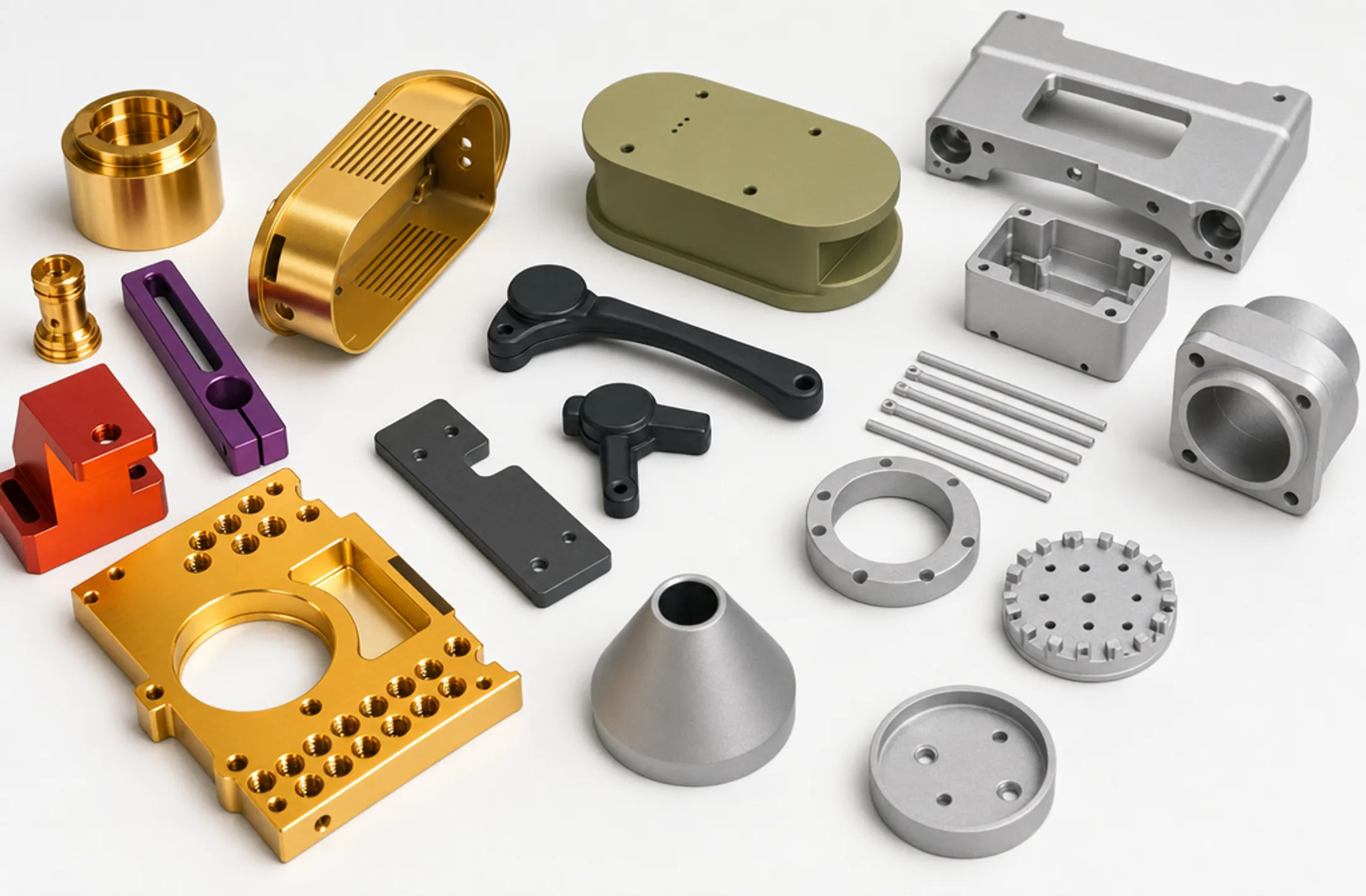 Anodized and powder-coated metal parts showing finishing surface options
