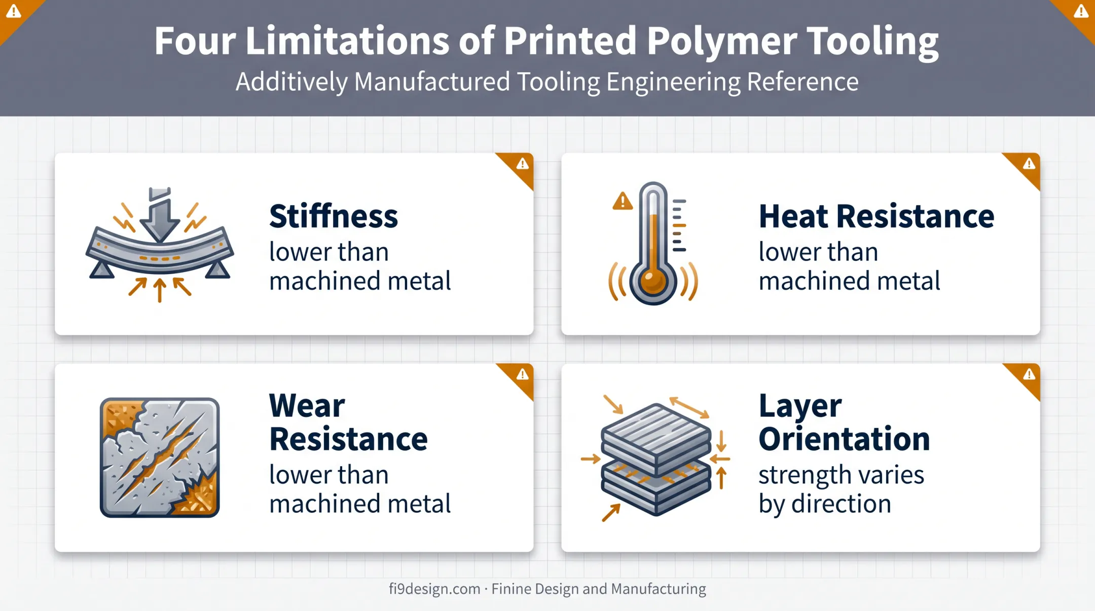 Four printed tooling limitations involving stiffness heat wear and orientation