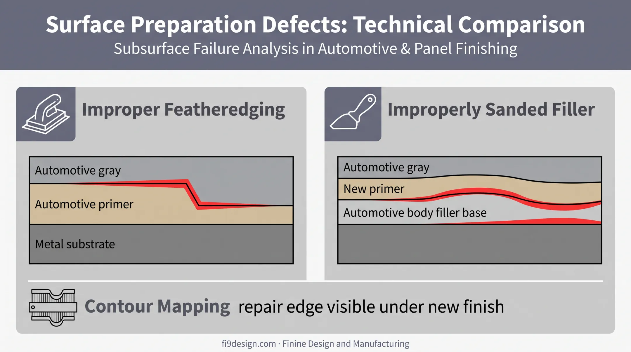 Automotive featheredging and filler defects causing visible contour mapping