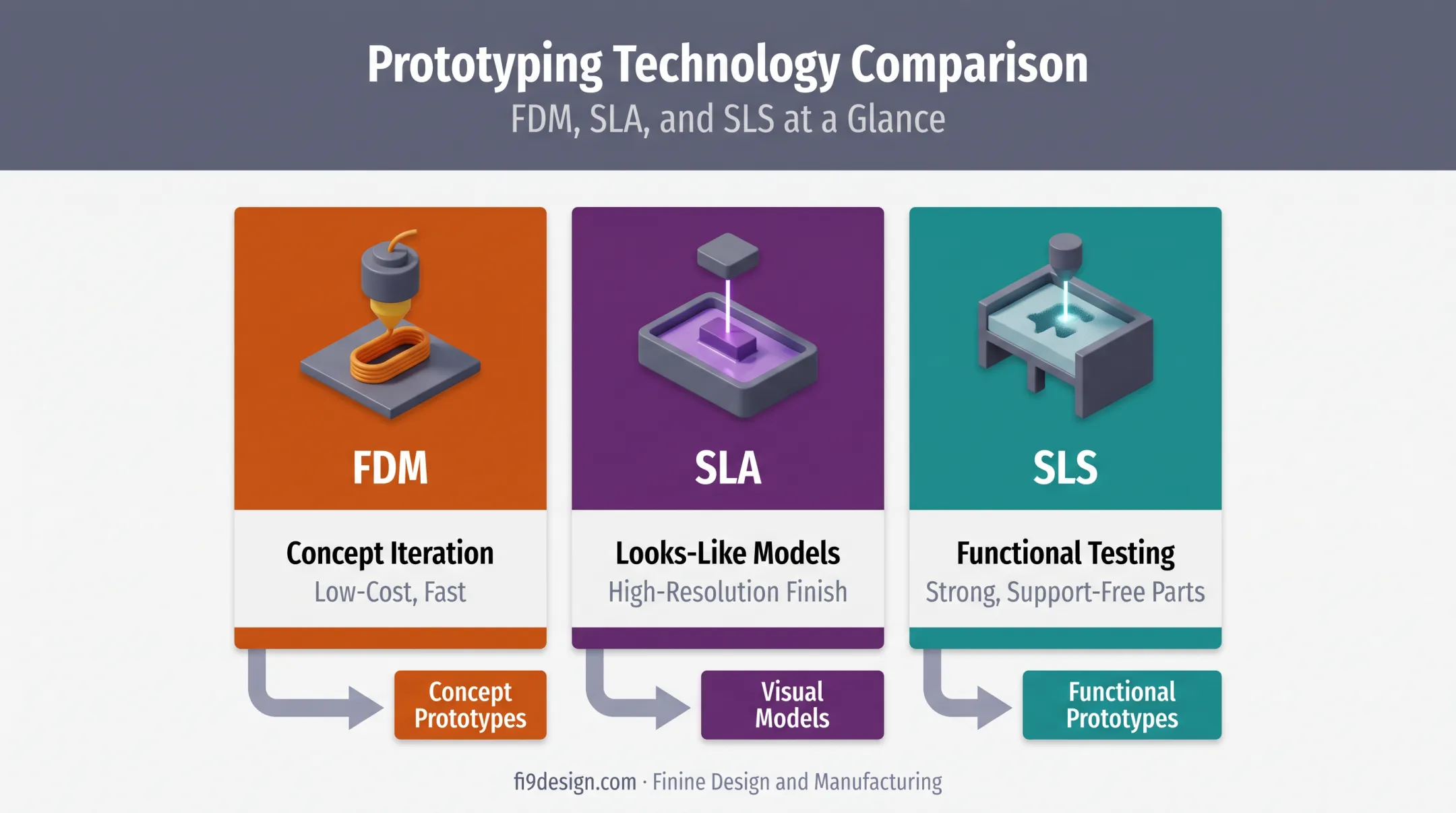 FDM SLA and SLS 3D printing technology comparison chart by prototype stage