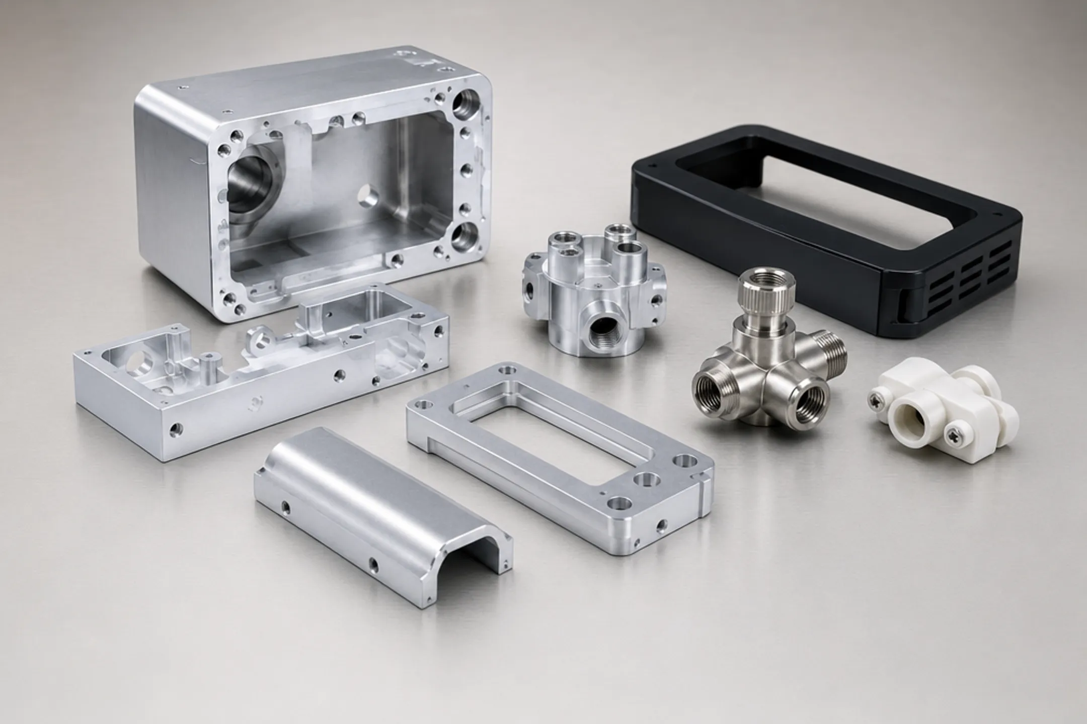 Precision machined automotive and medical device components on workbench