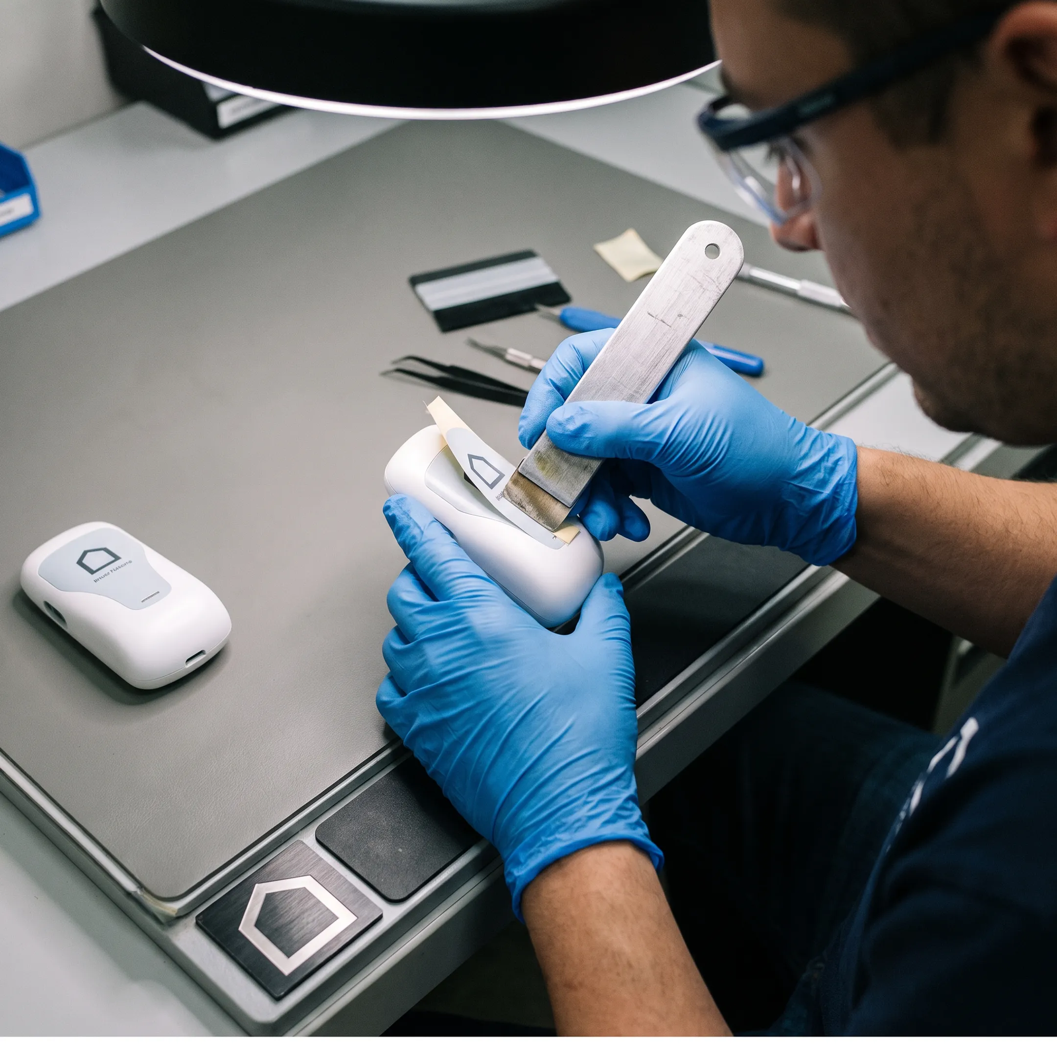 Technician applying graphics to a plastic product