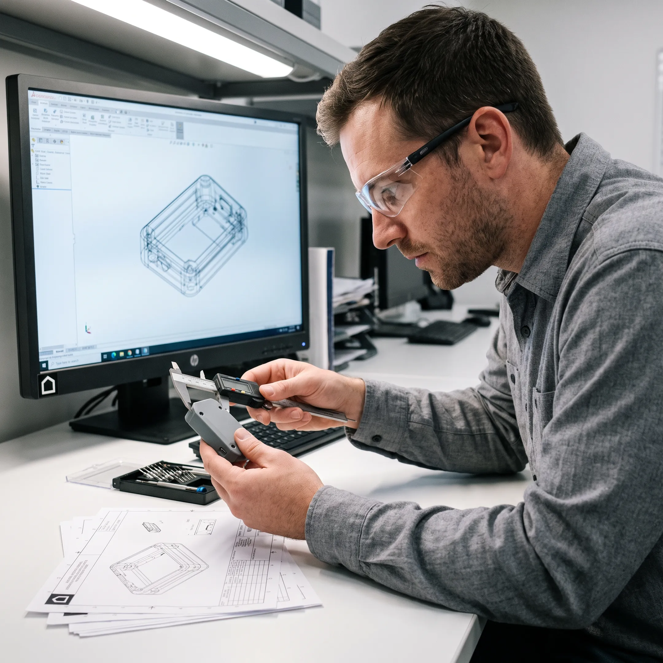 Engineer reviewing an electronic hardware prototype