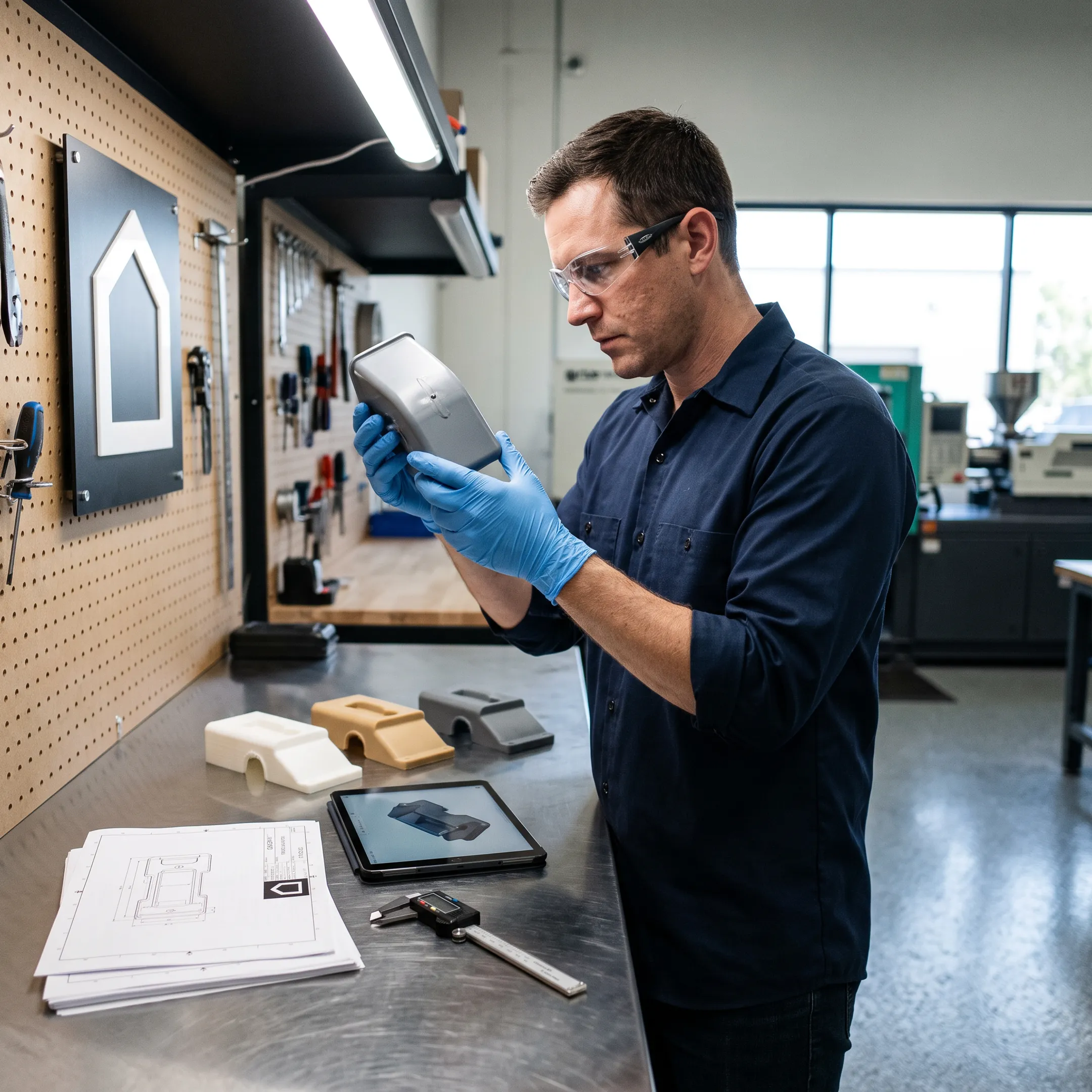Engineer reviewing molded plastic component