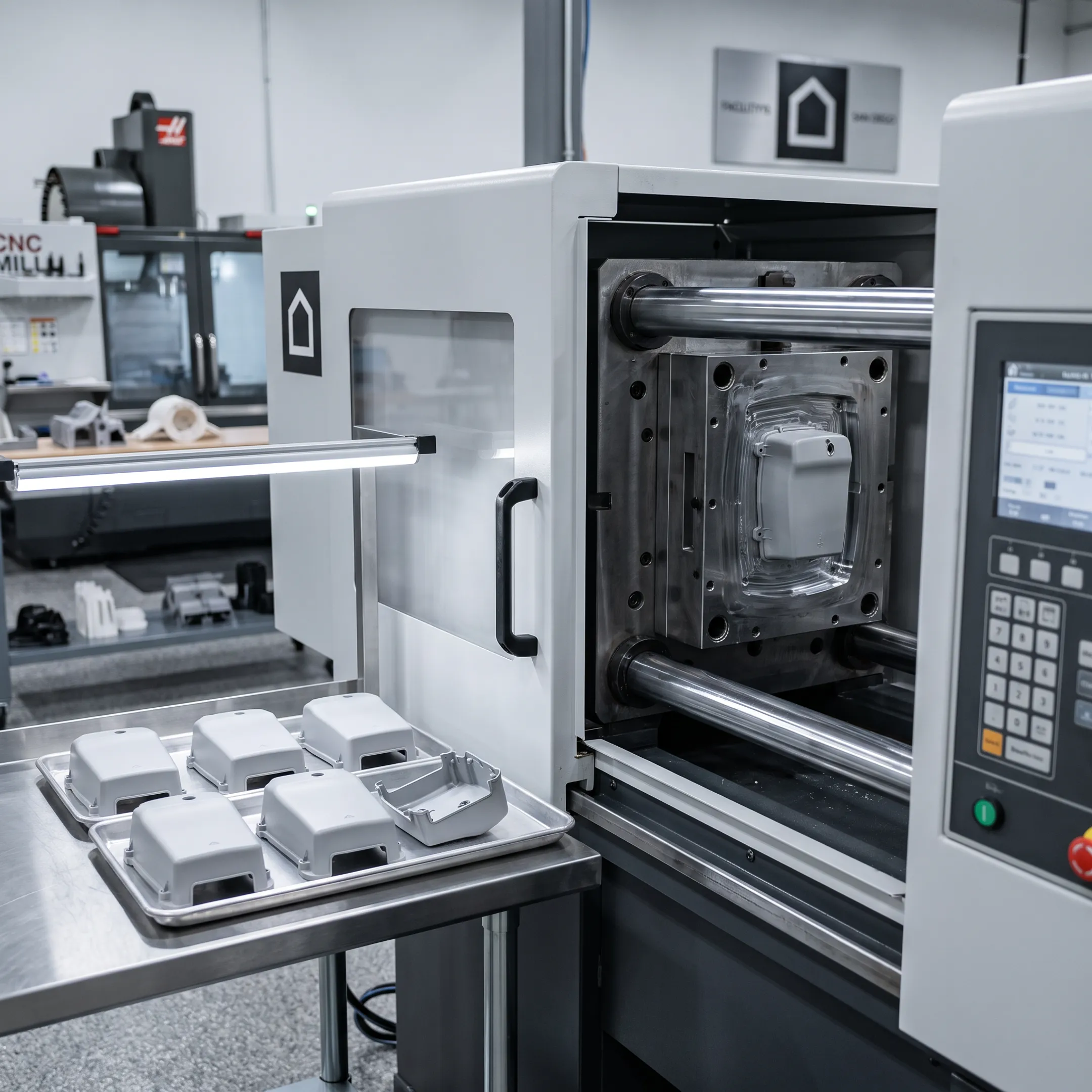 Plastic parts being produced by injection molding