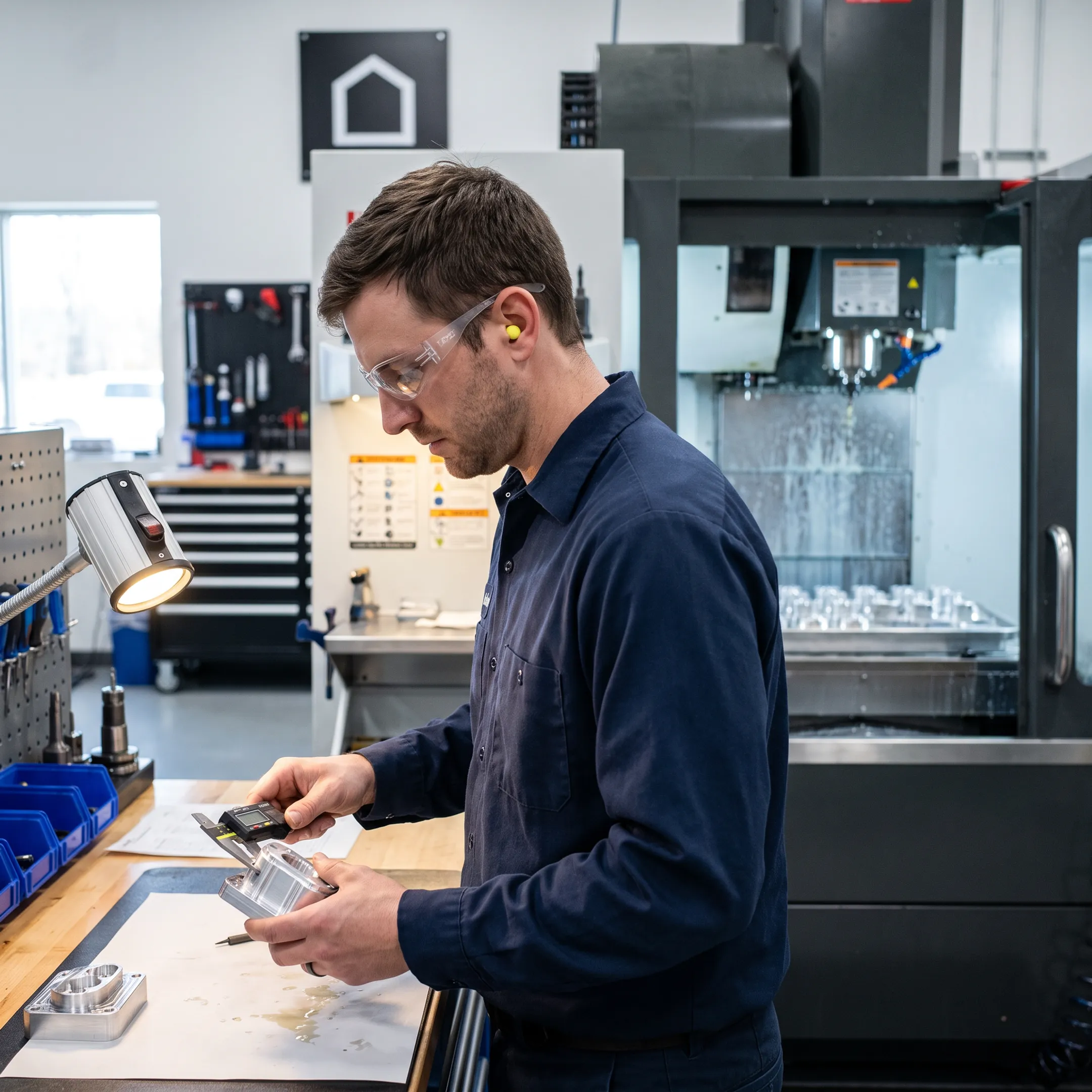Technician inspecting a precision CNC-machined metal component