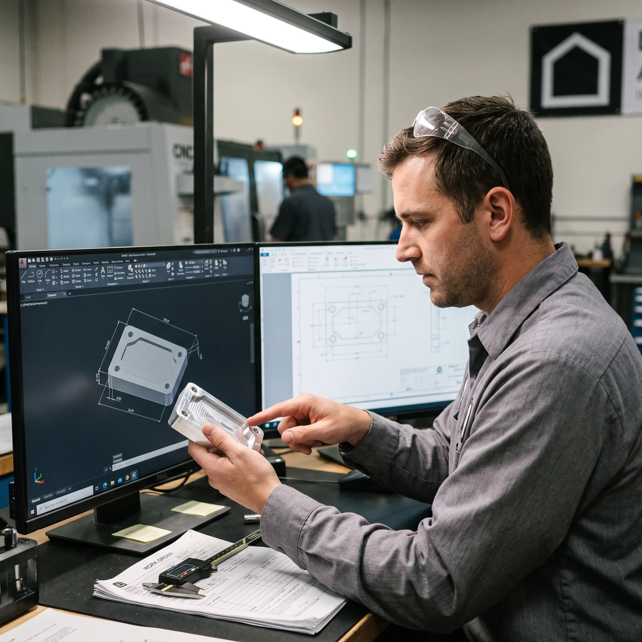 Engineer reviewing a machined component and digital CAD model