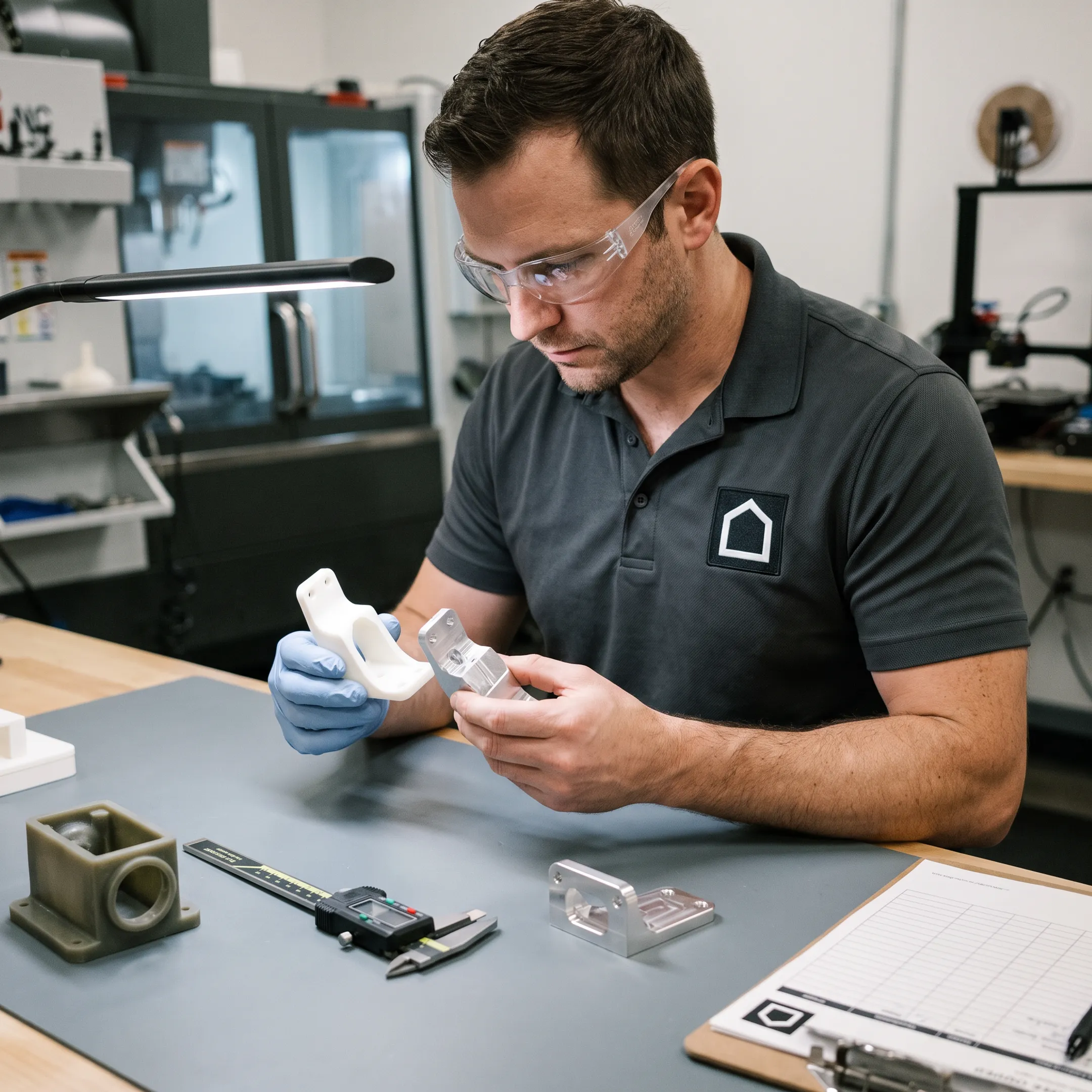 Technician reviewing prototype parts