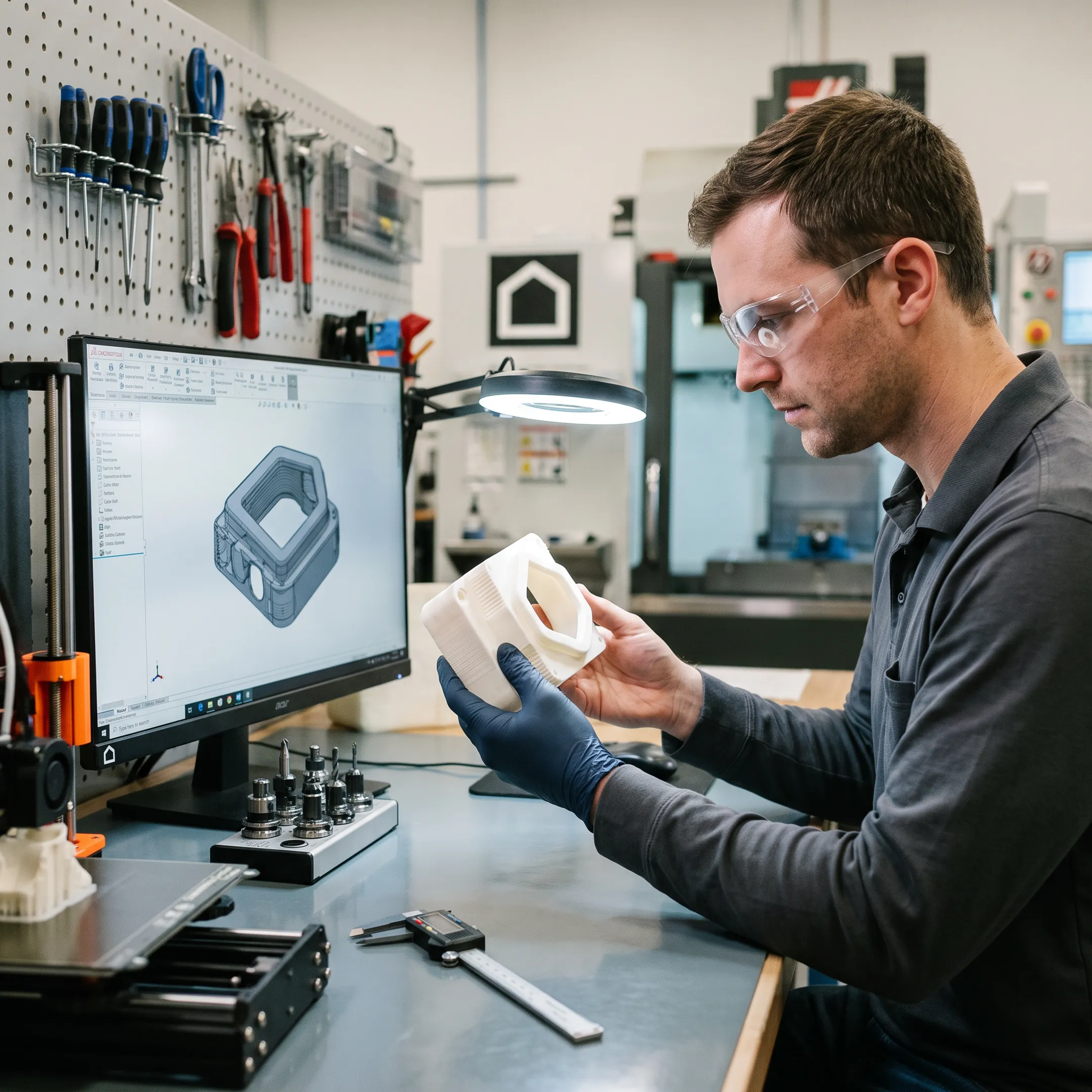 Engineer inspecting a 3D-printed prototype