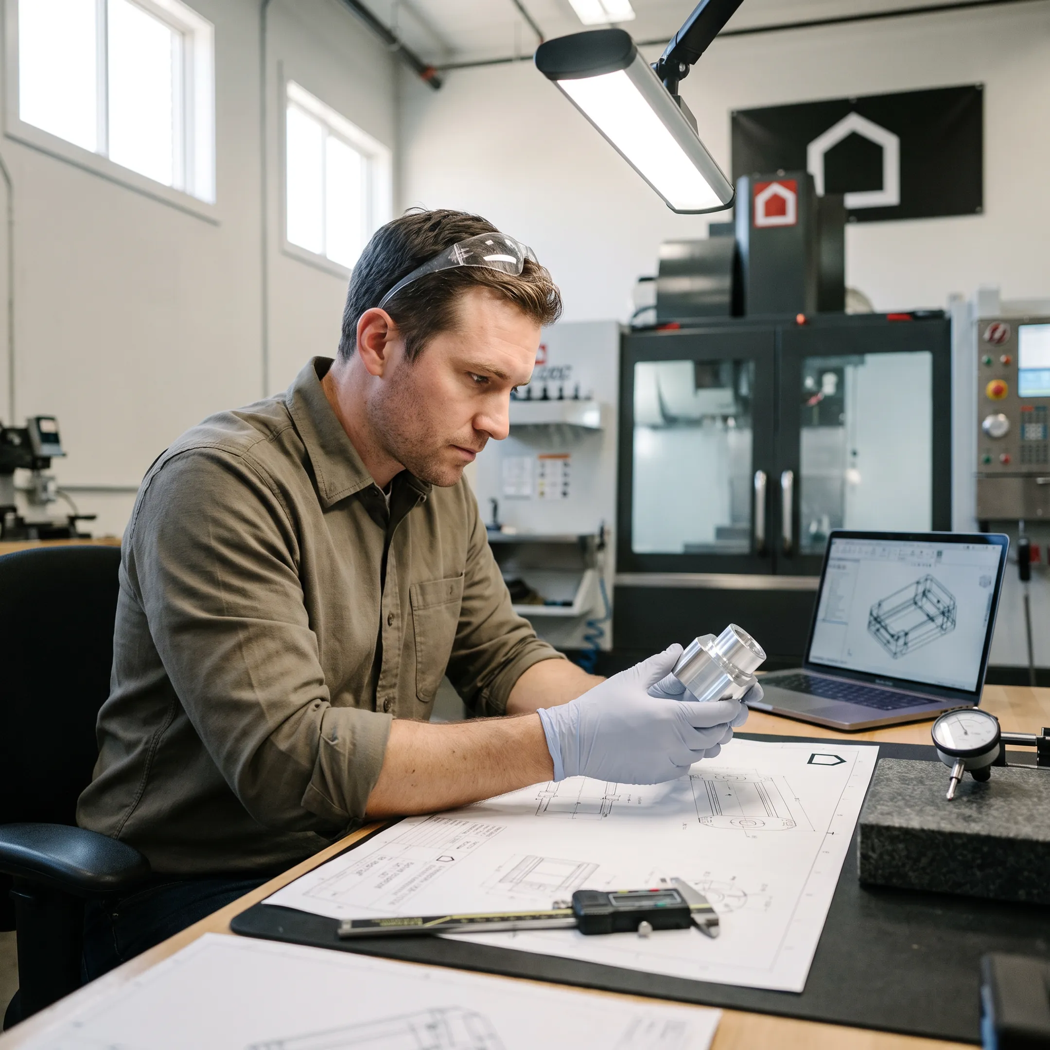 Engineer reviewing a machined prototype part