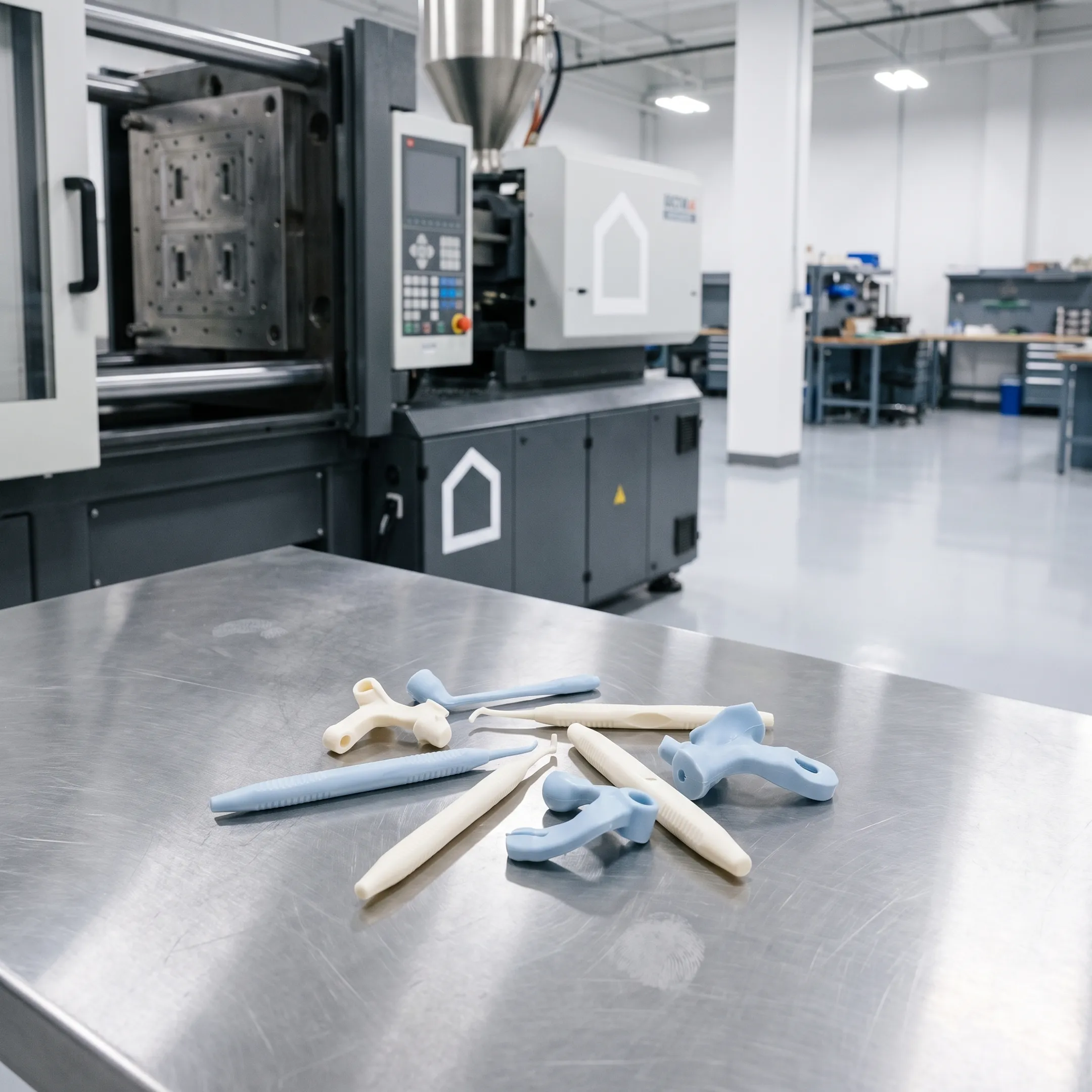 Plastic injection molded components in a manufacturing facility
