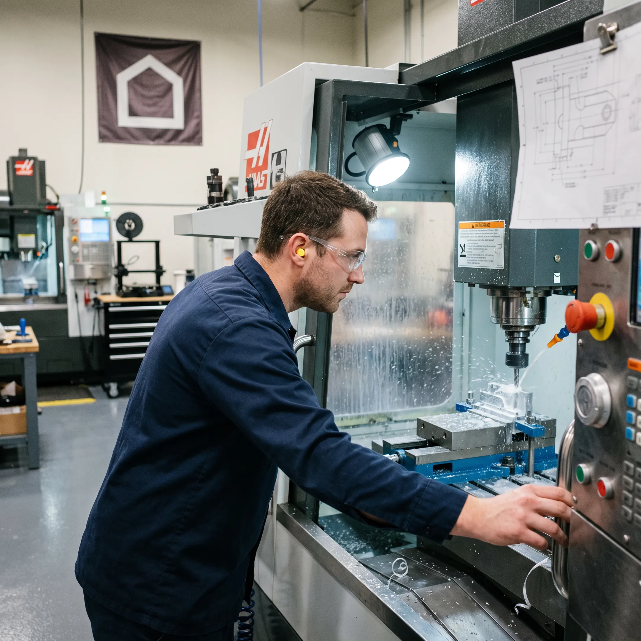 Technician operating a CNC machine on a custom part