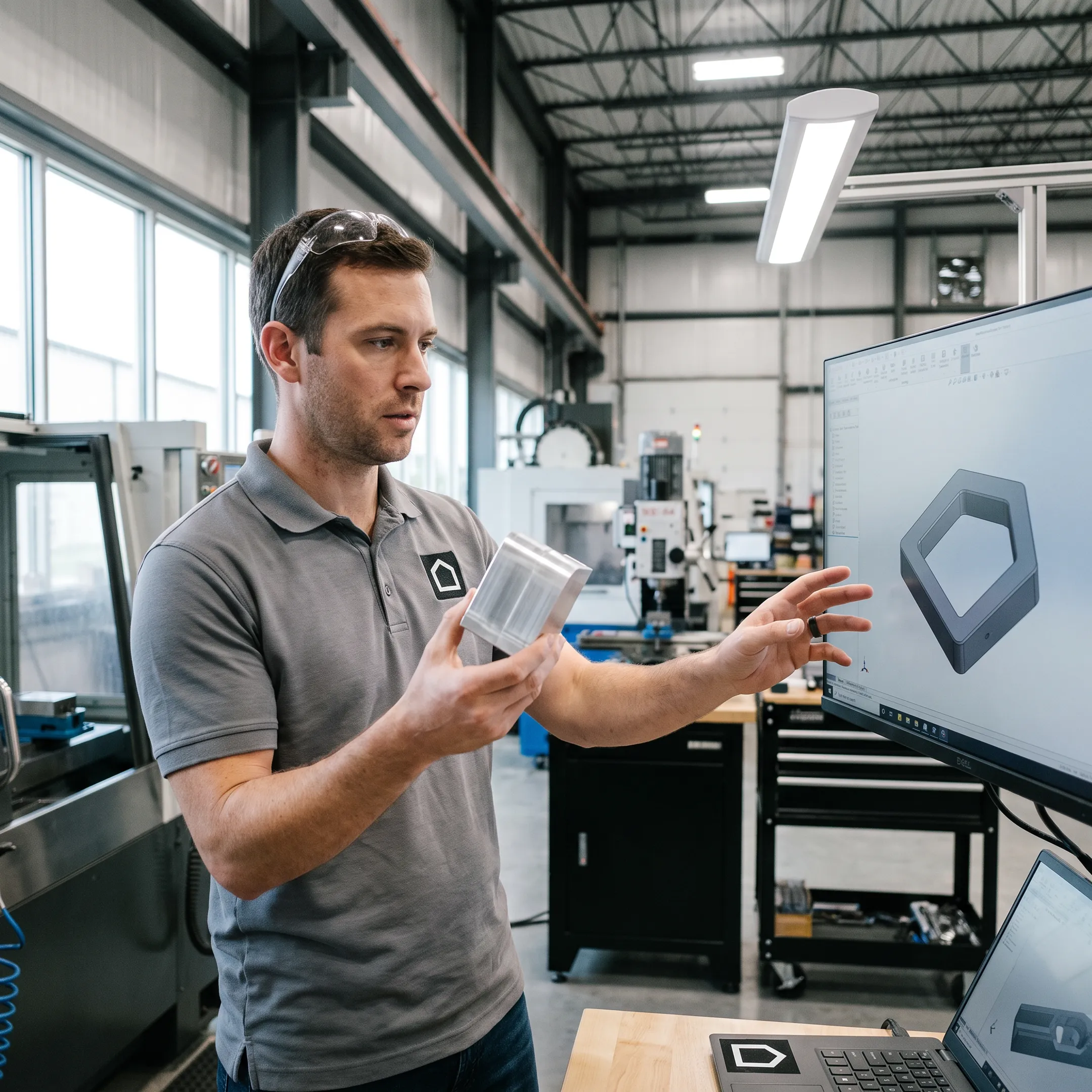 Engineer reviewing a machined prototype with digital model