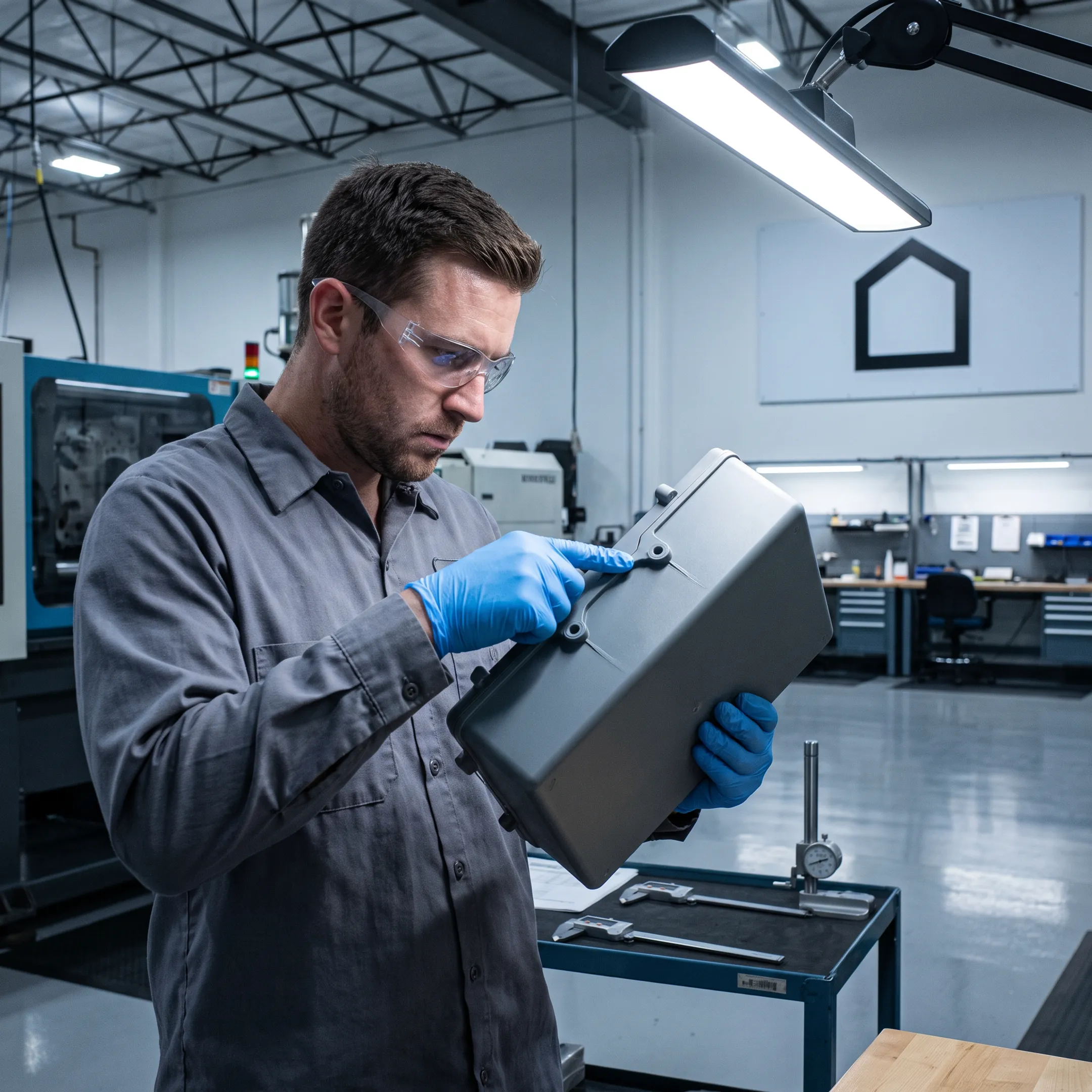 Engineer reviewing a large molded plastic part