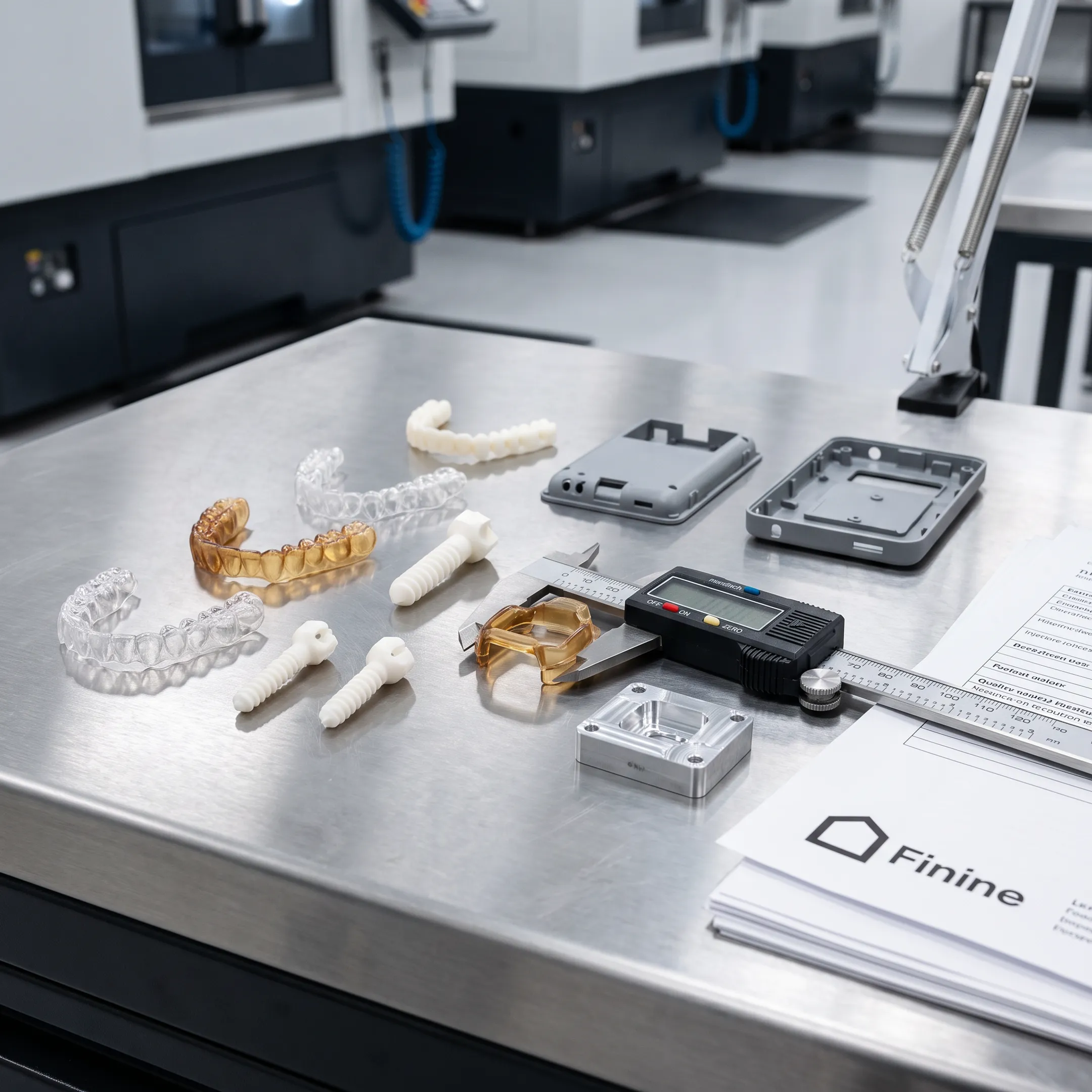 Precision-moulded plastic components on a production workbench