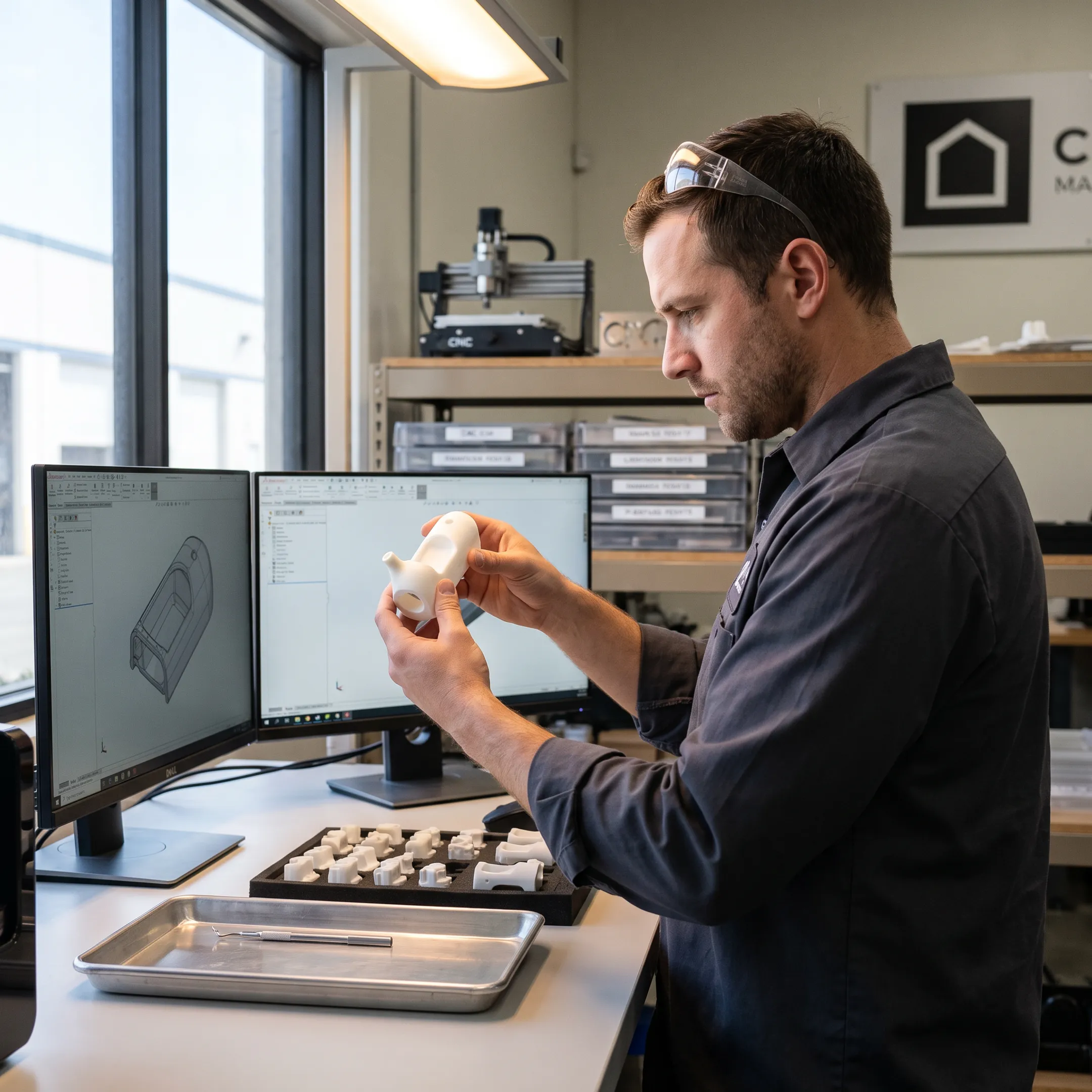Engineer reviewing molded prototype parts and CAD model