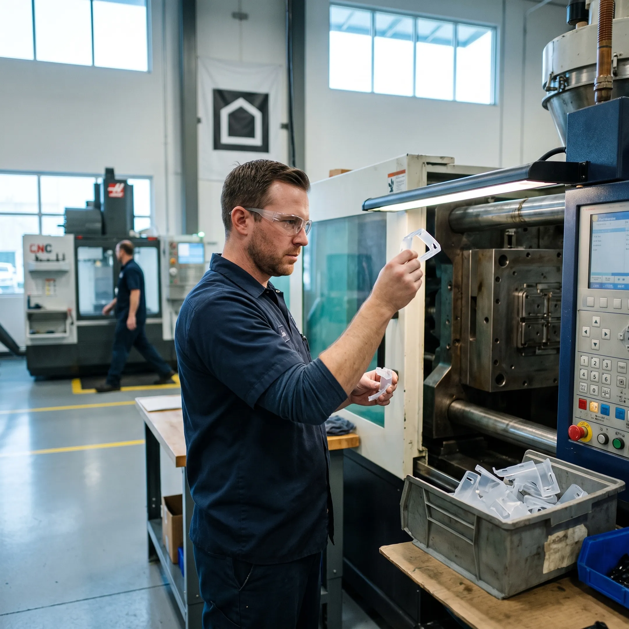 Technician operating plastic injection molding equipment
