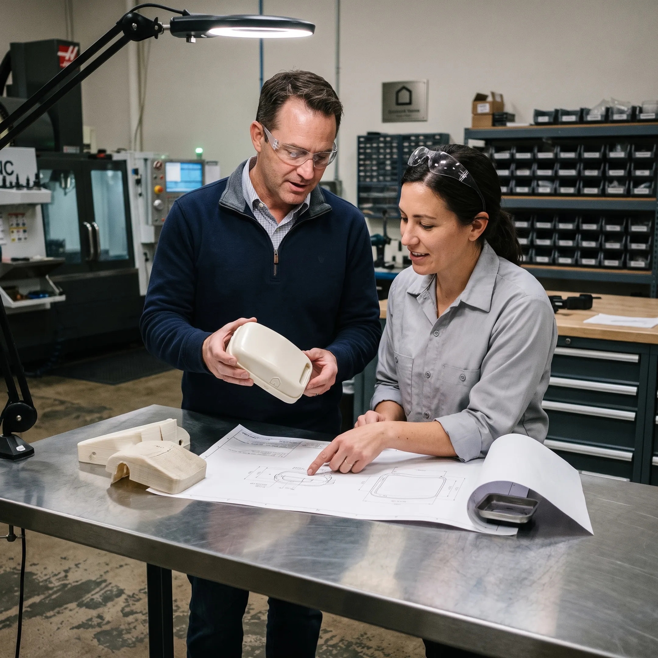 Engineers reviewing molded plastic part