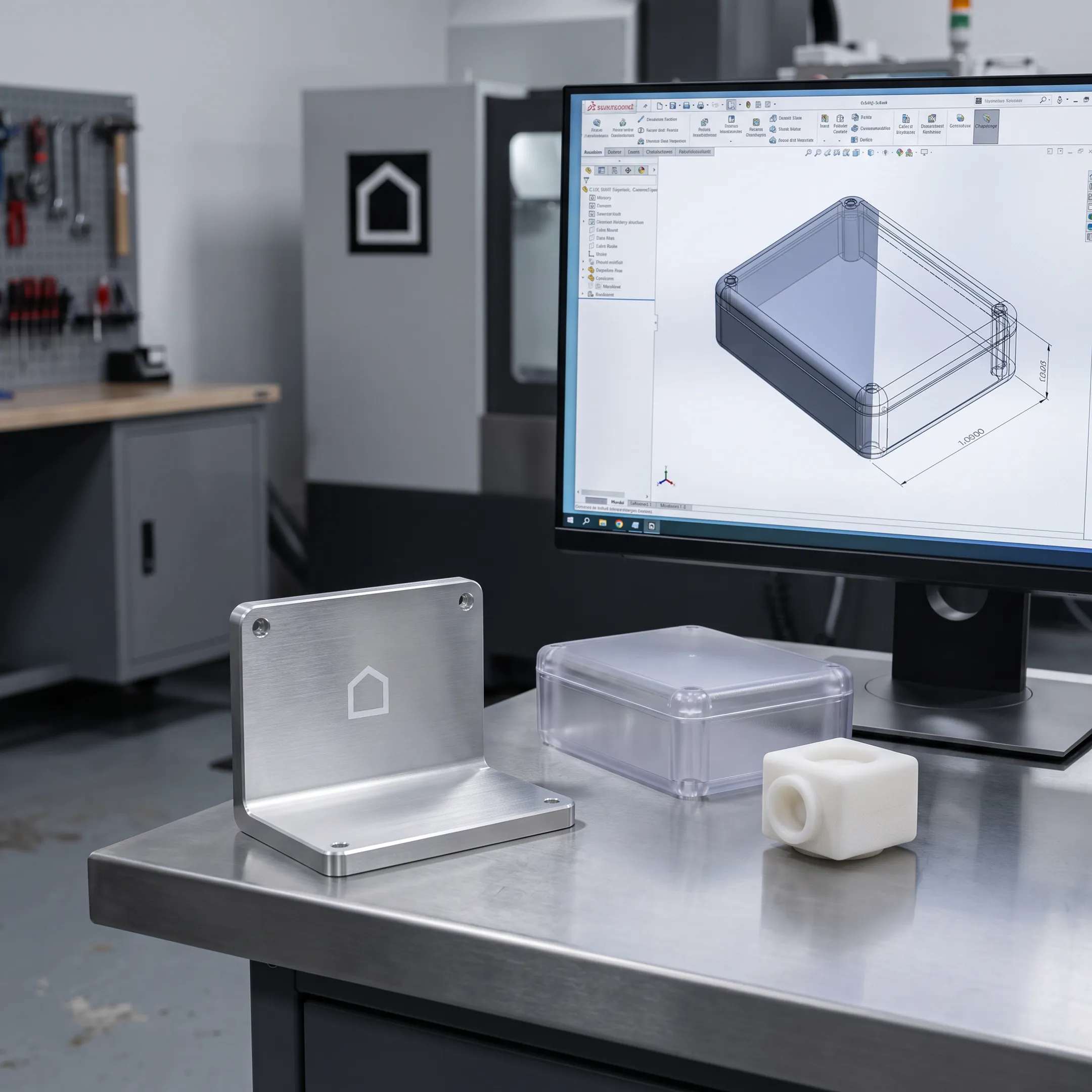 Precision-machined components beside digital product design