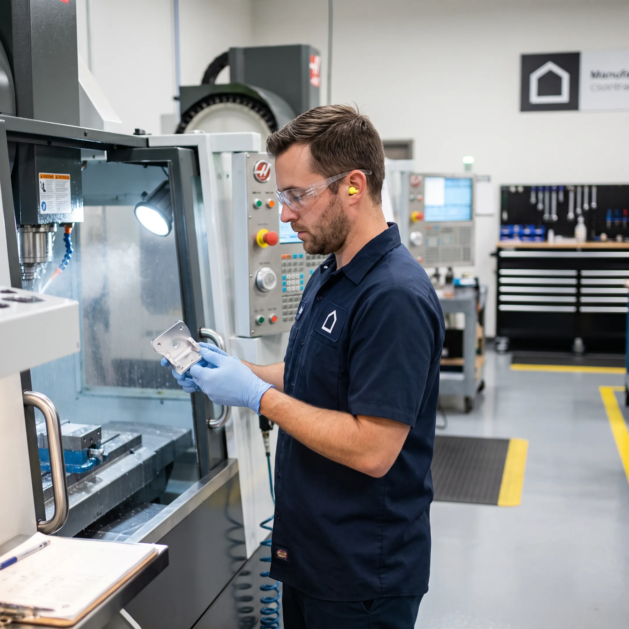 Technician operating a CNC machine on a precision component