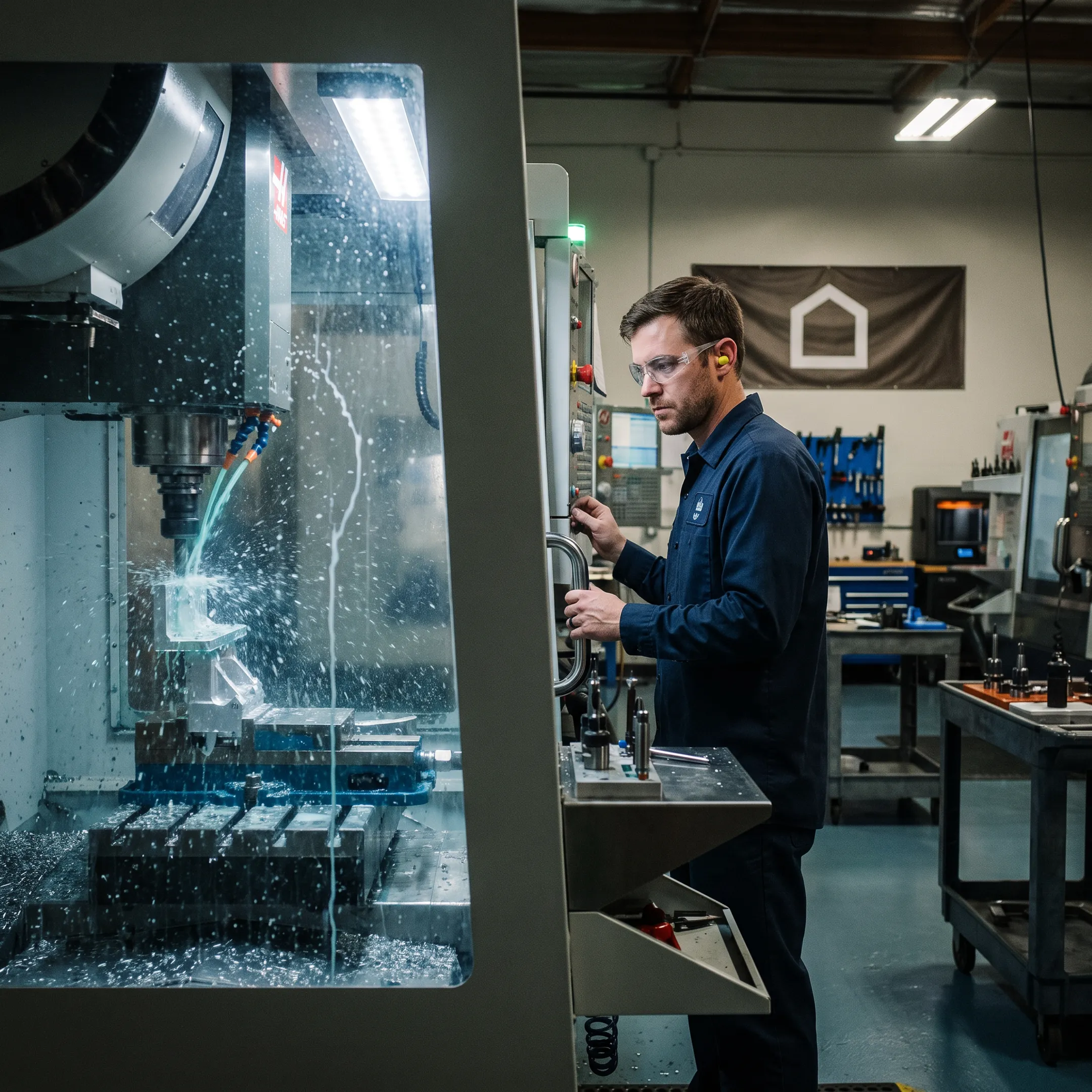 CNC machine cutting a precision metal component