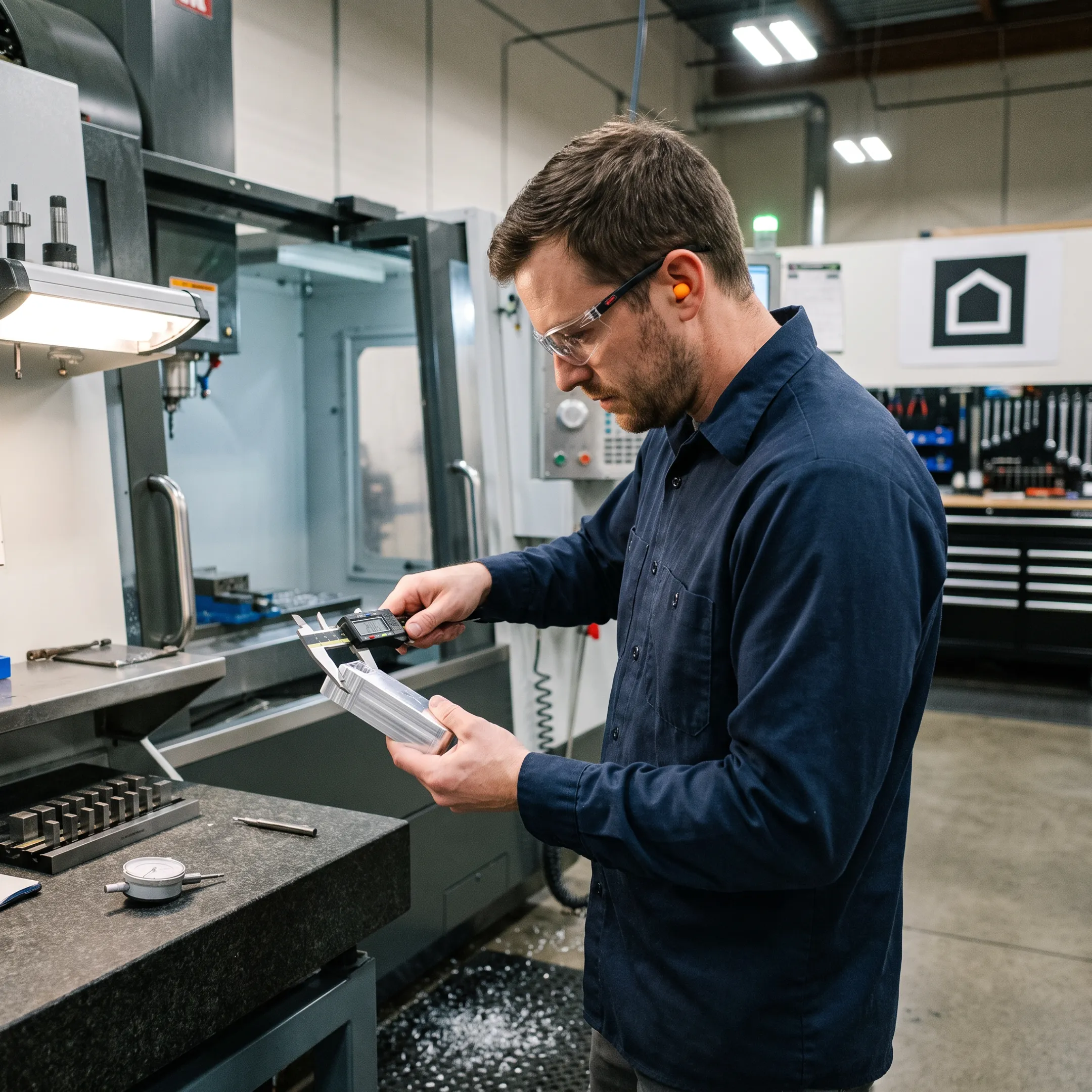 Engineer inspecting a machined metal part