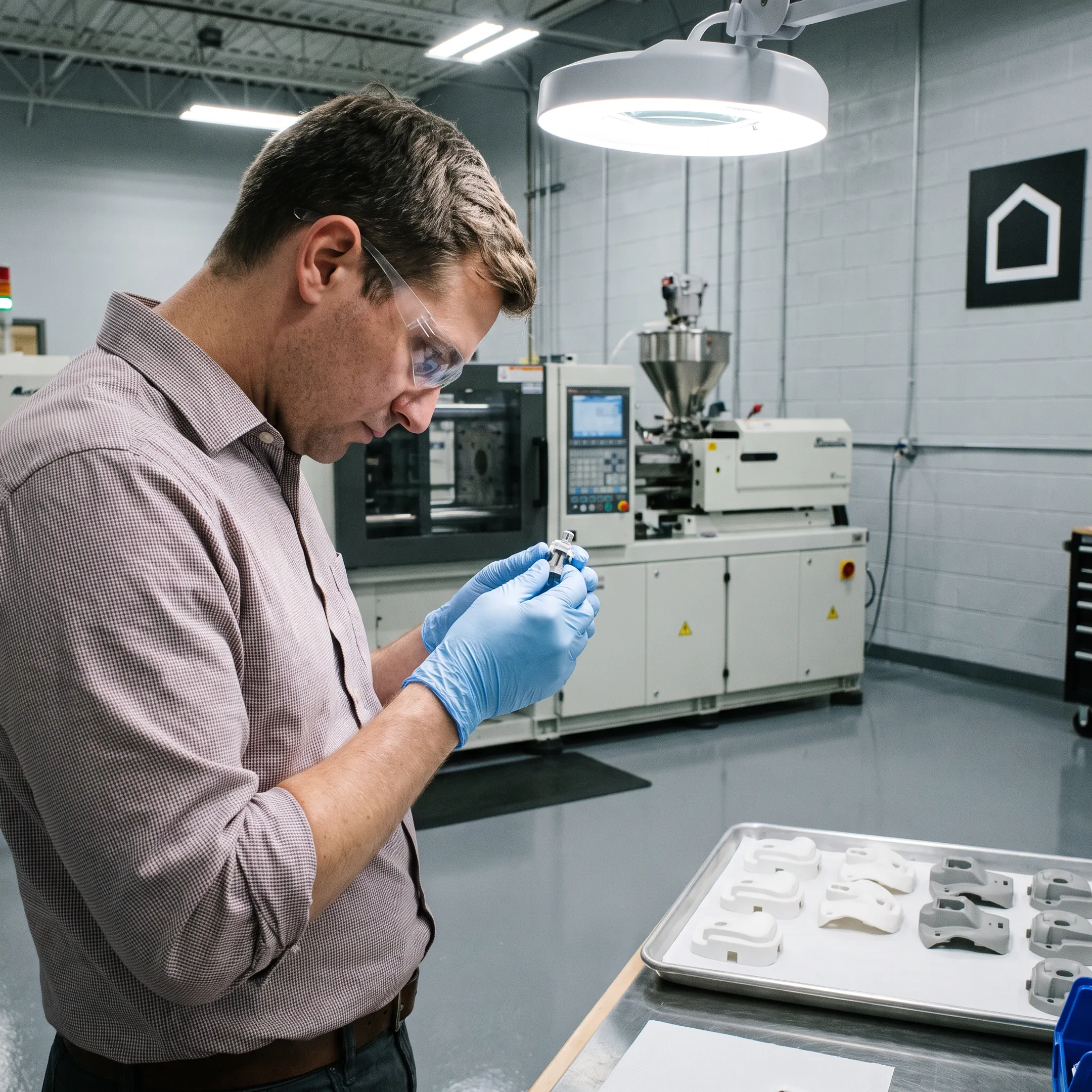 Technician inspecting molded plastic components