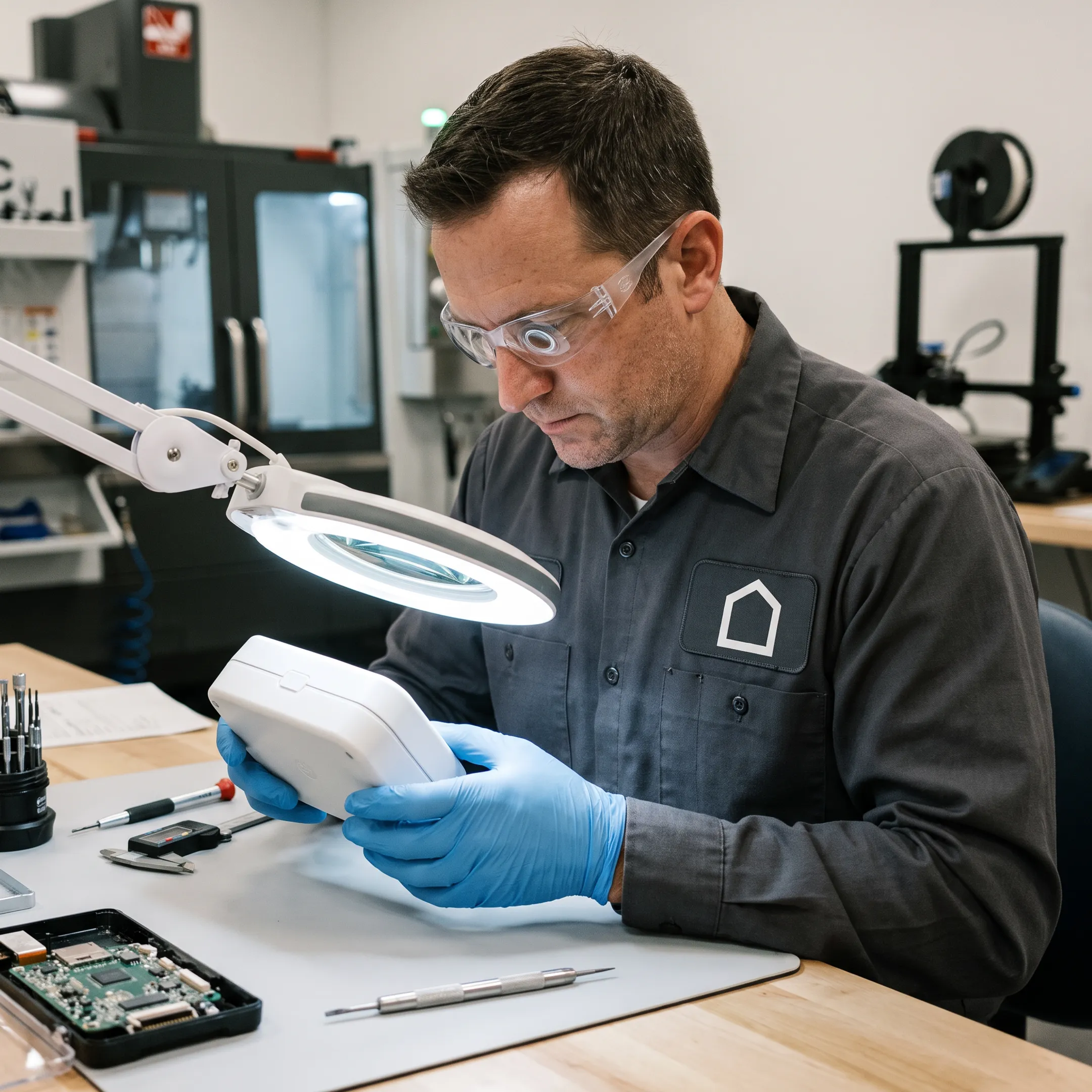 Technician inspecting a custom electronics product