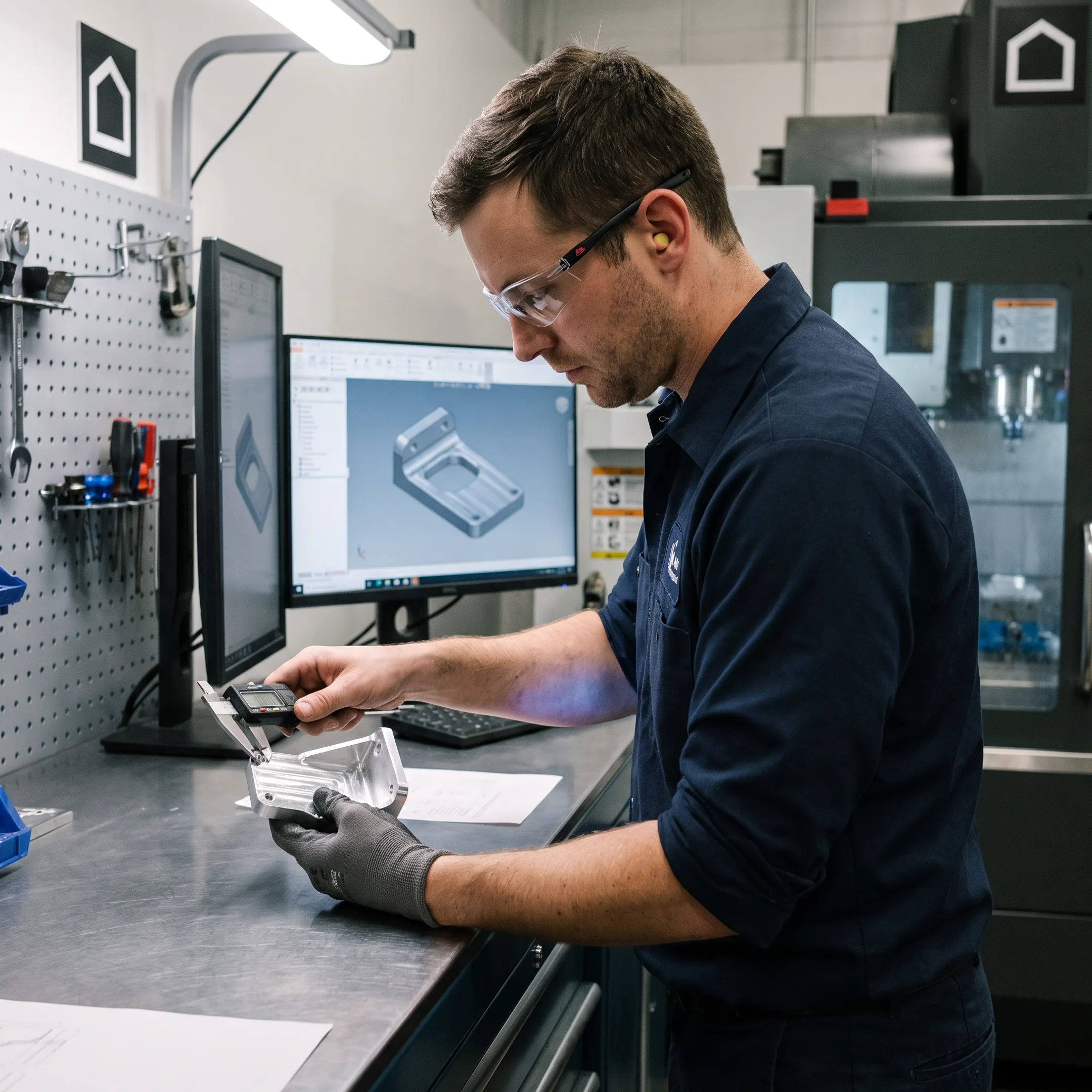 Engineer inspecting a precision CNC-machined part