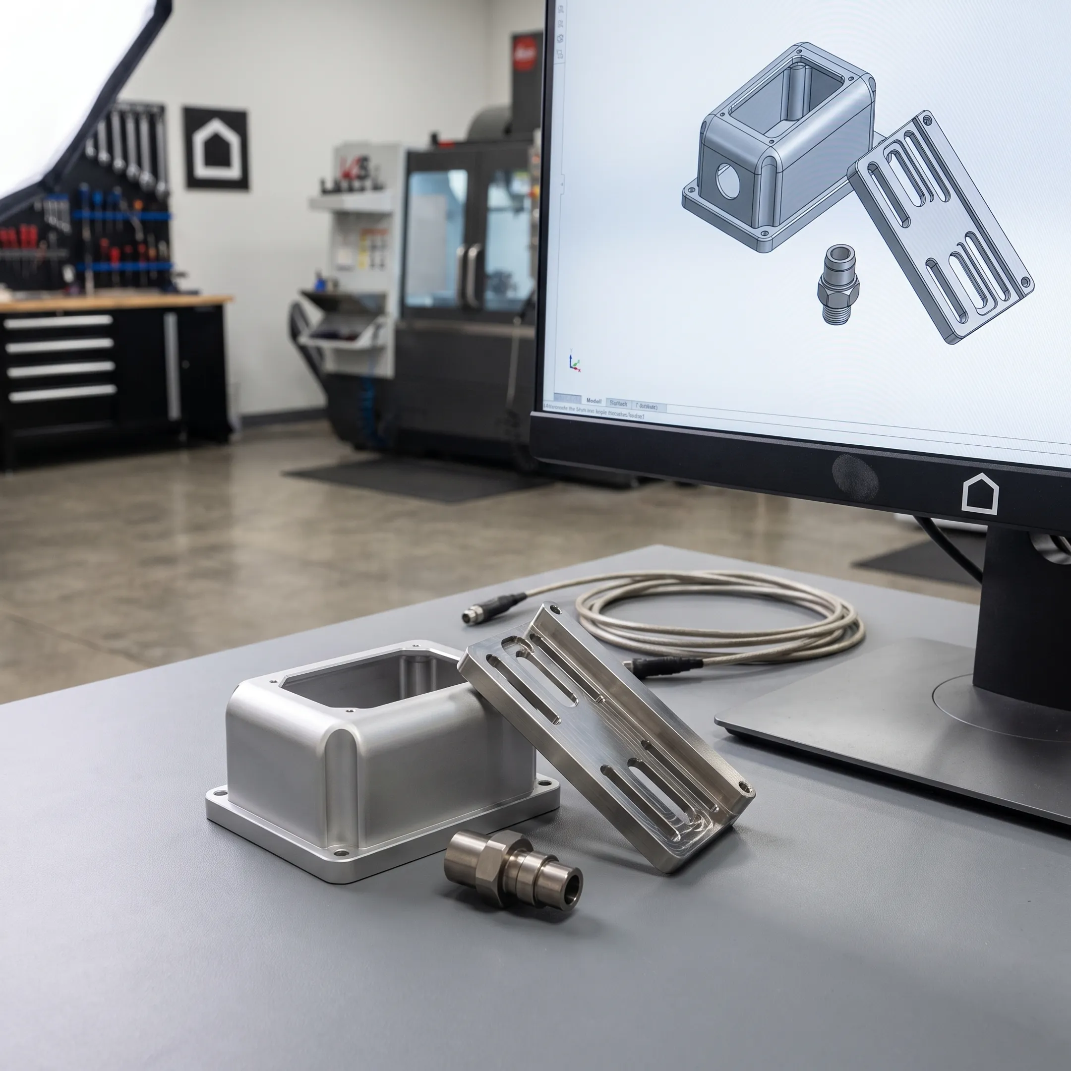 Machined metal components beside a digital part model