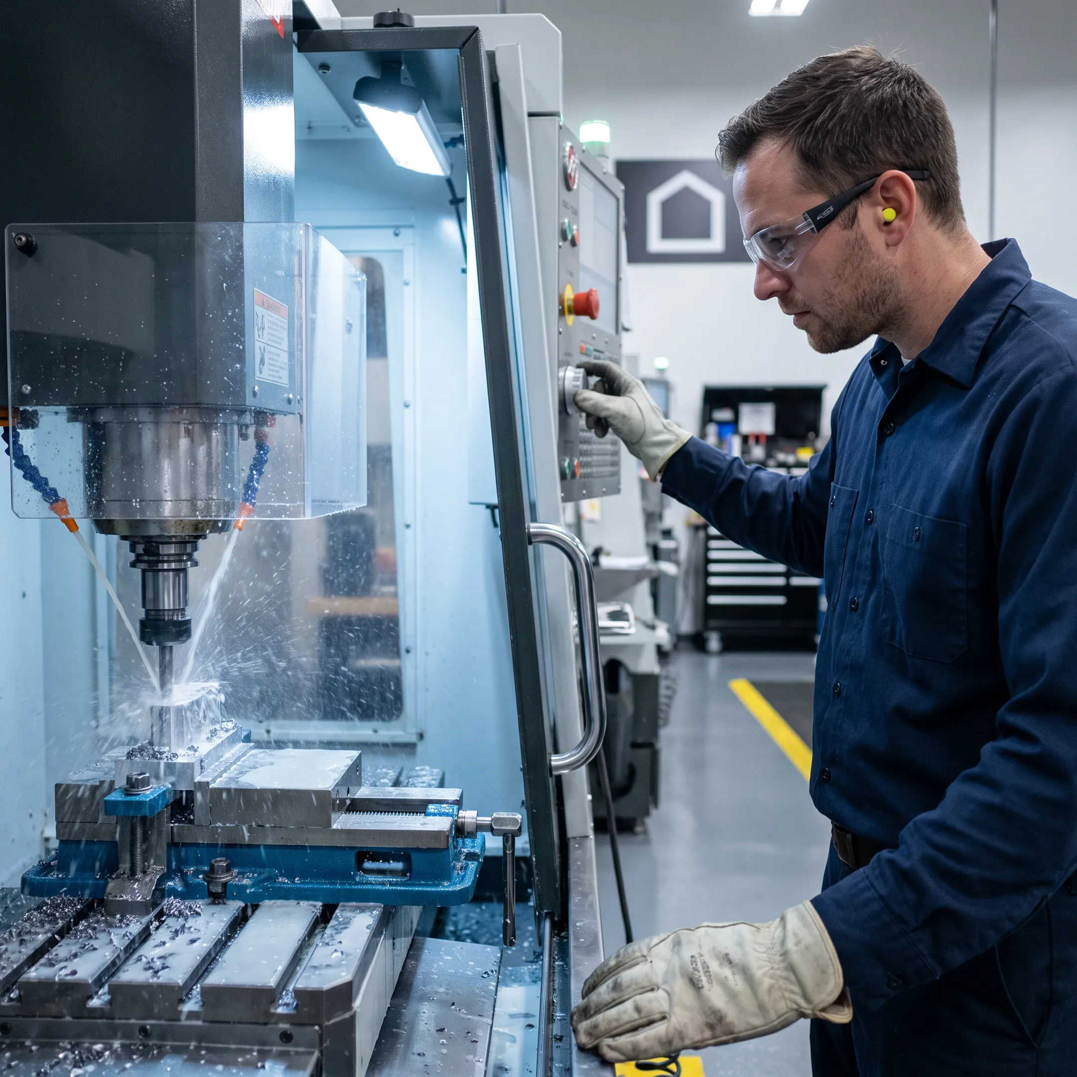 CNC machinist operating a precision milling machine
