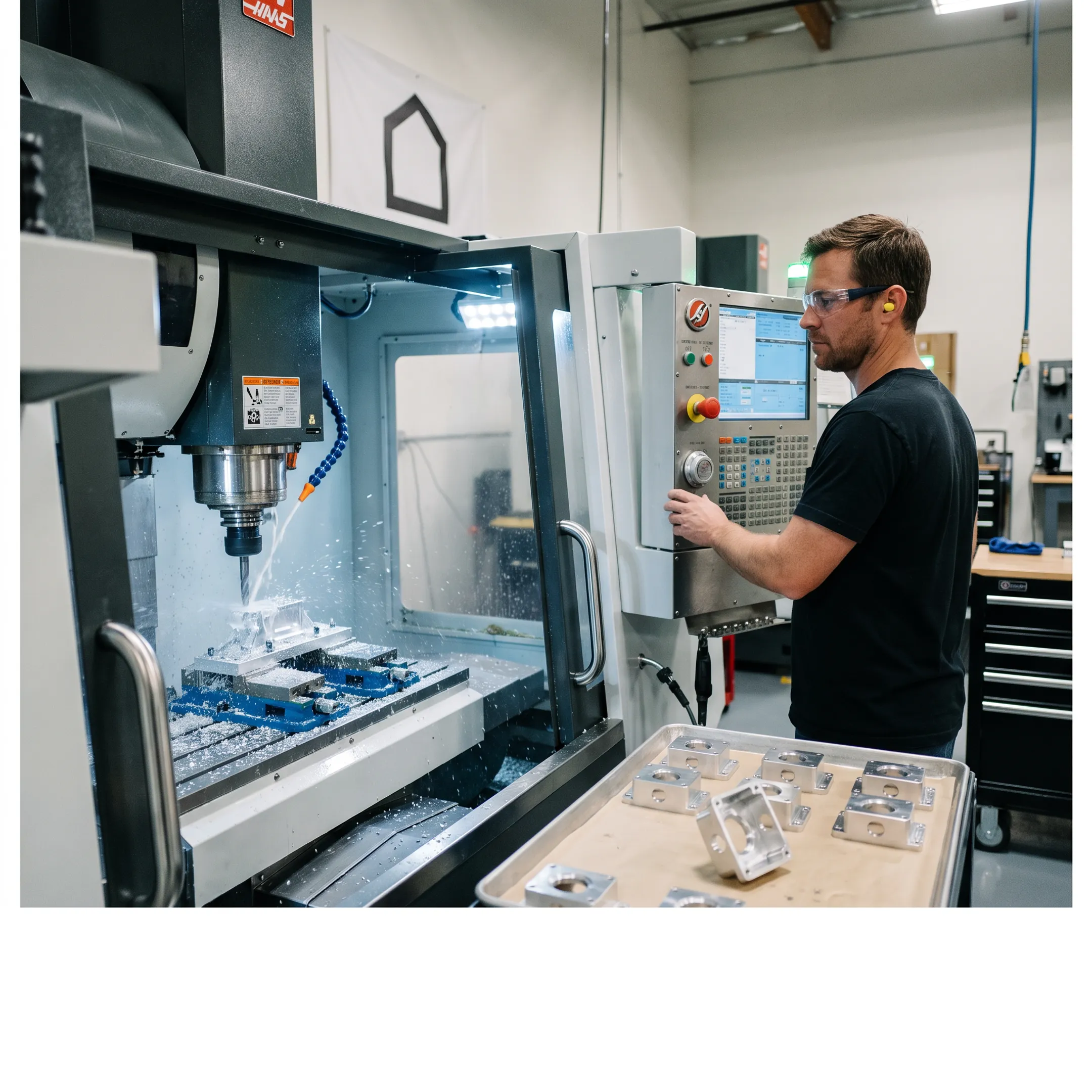 CNC machine producing a small production run of precision parts