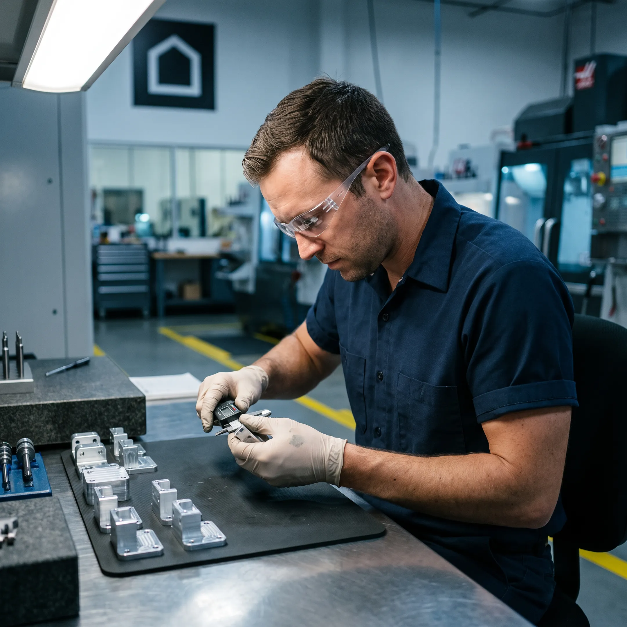 Technician inspecting precision CNC-machined production parts