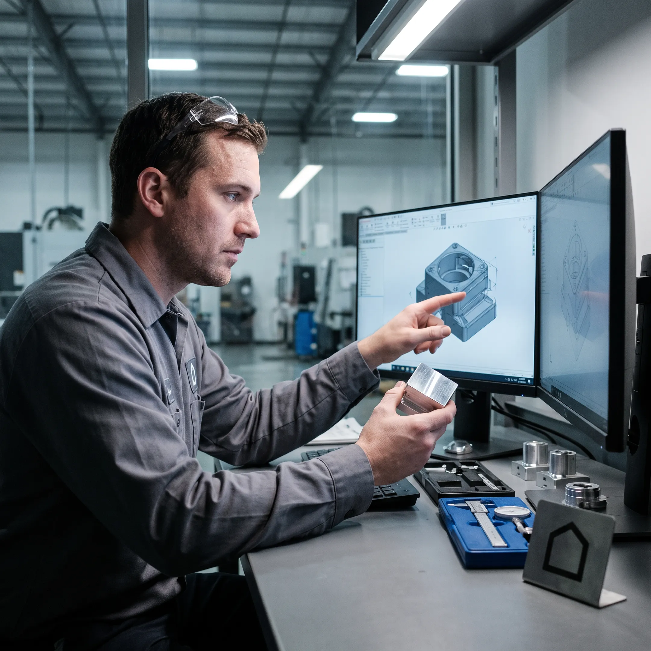 Engineer reviewing a machined component and digital CAD model