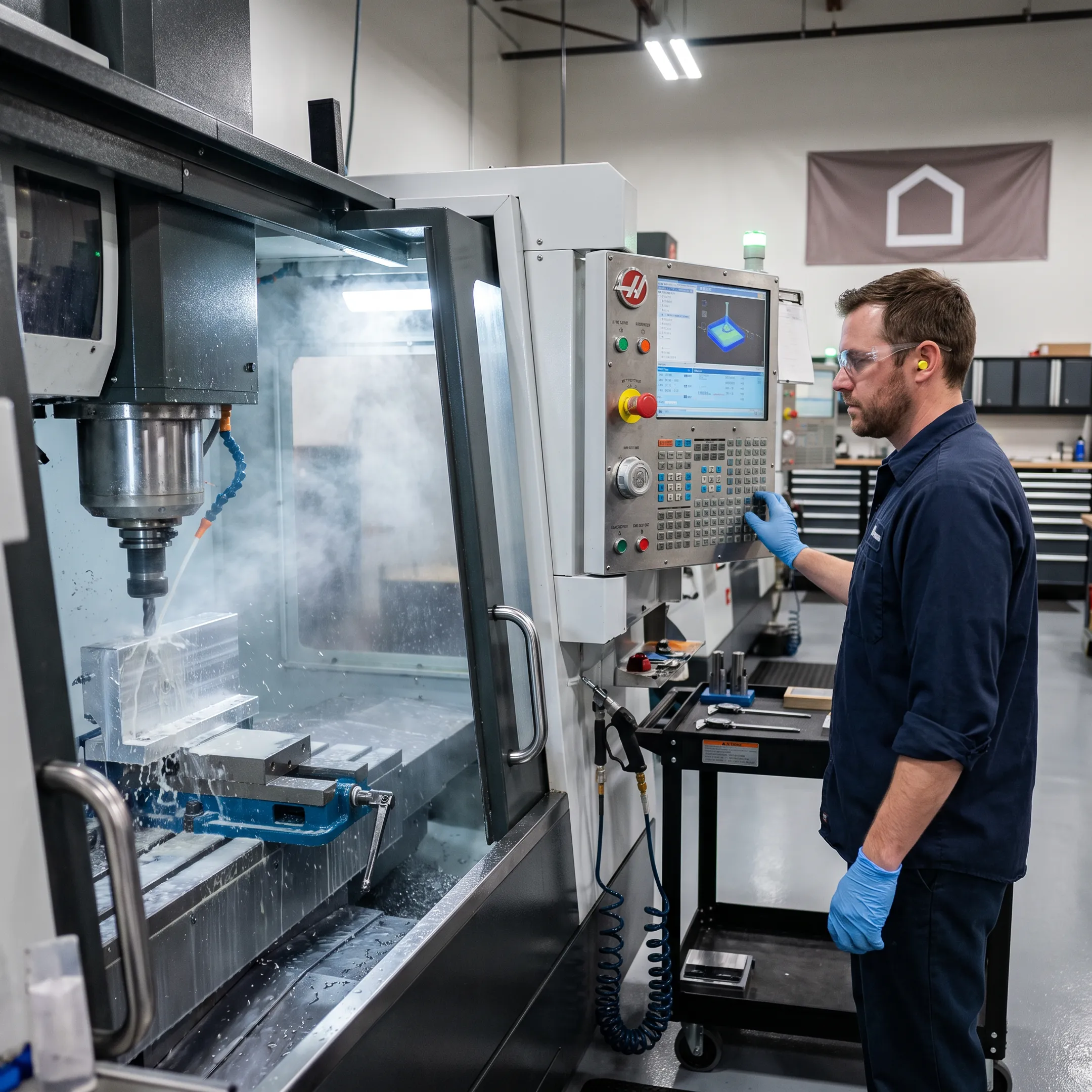 Machinist operating a CNC machine on a precision metal component